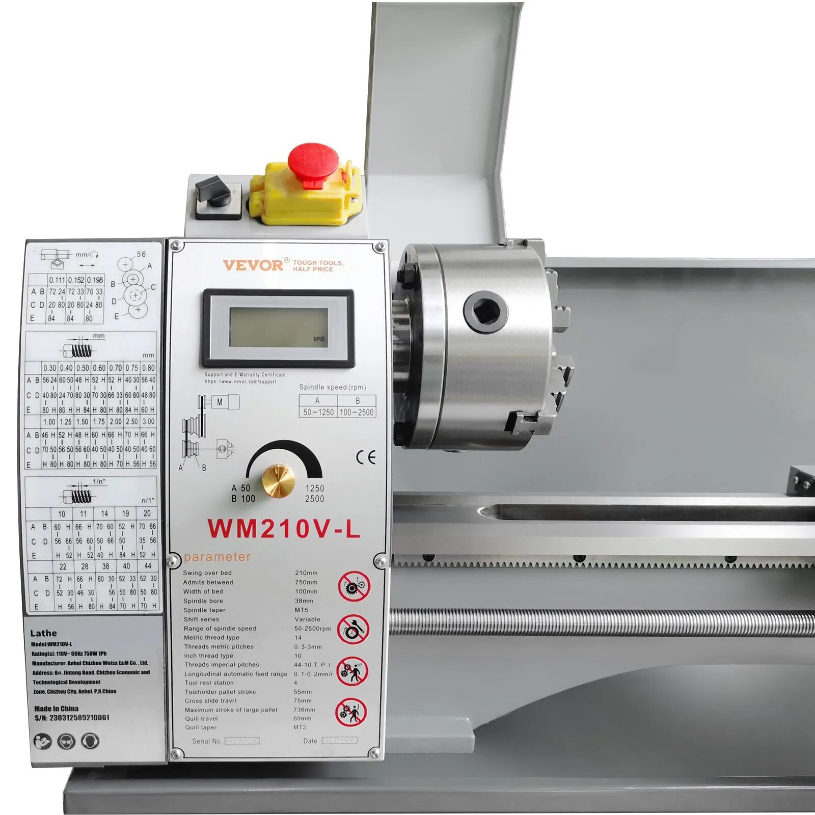 Струг за метал Vevor WM210V-L, 750W безчетков мотор, Дължина между центровете 75 см, 0–2500 об/мин, Прецизен настолен модел - Image 10