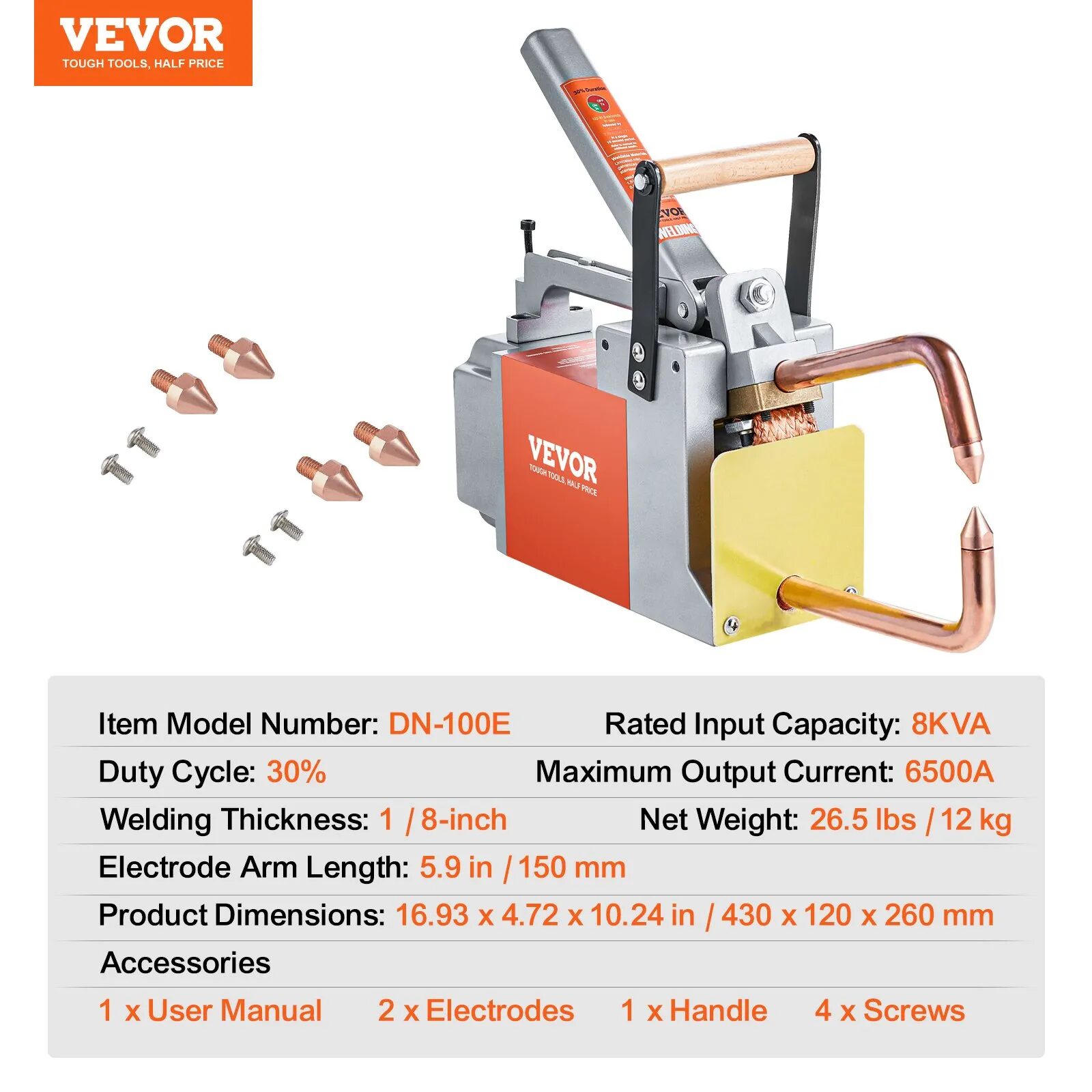 Апарат за точково заваряване Vevor DN-100E, Мощност 8 KVA и максимален ток 6500A, Дебелина до 3 мм, Захранване 220V - Image 7