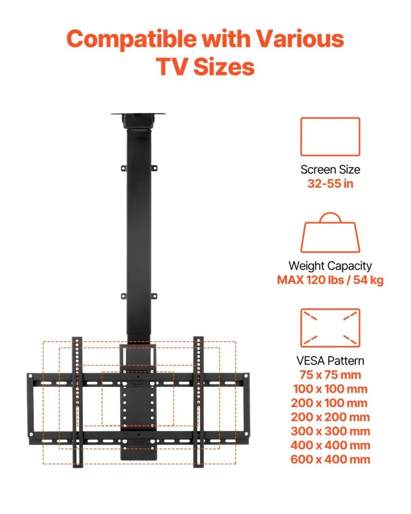 Електрическа стойка за телевизор за таван Vevor OK888-DD730, За 32-55 инча, Дистанционно управление, Товароносимост 54 кг - Image 3