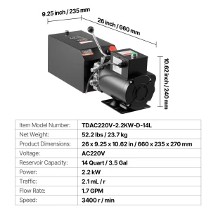 Хидравлична помпа за подемници и ремаркета Vevor TDAC220V-2.2KW-D-14L, Резервоар 14 литра, 22 MPa, Дебит 6.3 L/min - Image 7