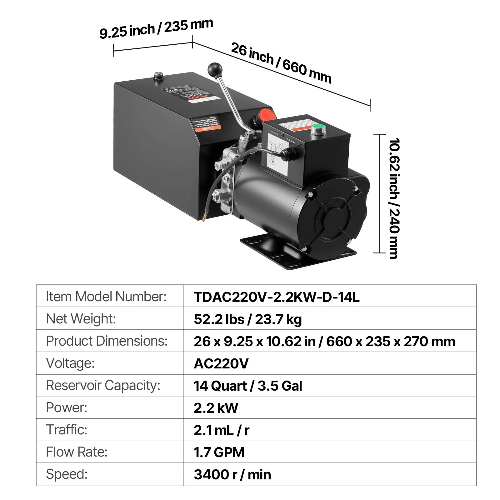 Хидравлична помпа за подемници и ремаркета Vevor TDAC220V-2.2KW-D-14L, Резервоар 14 литра, 22 MPa, Дебит 6.3 L/min - Image 7