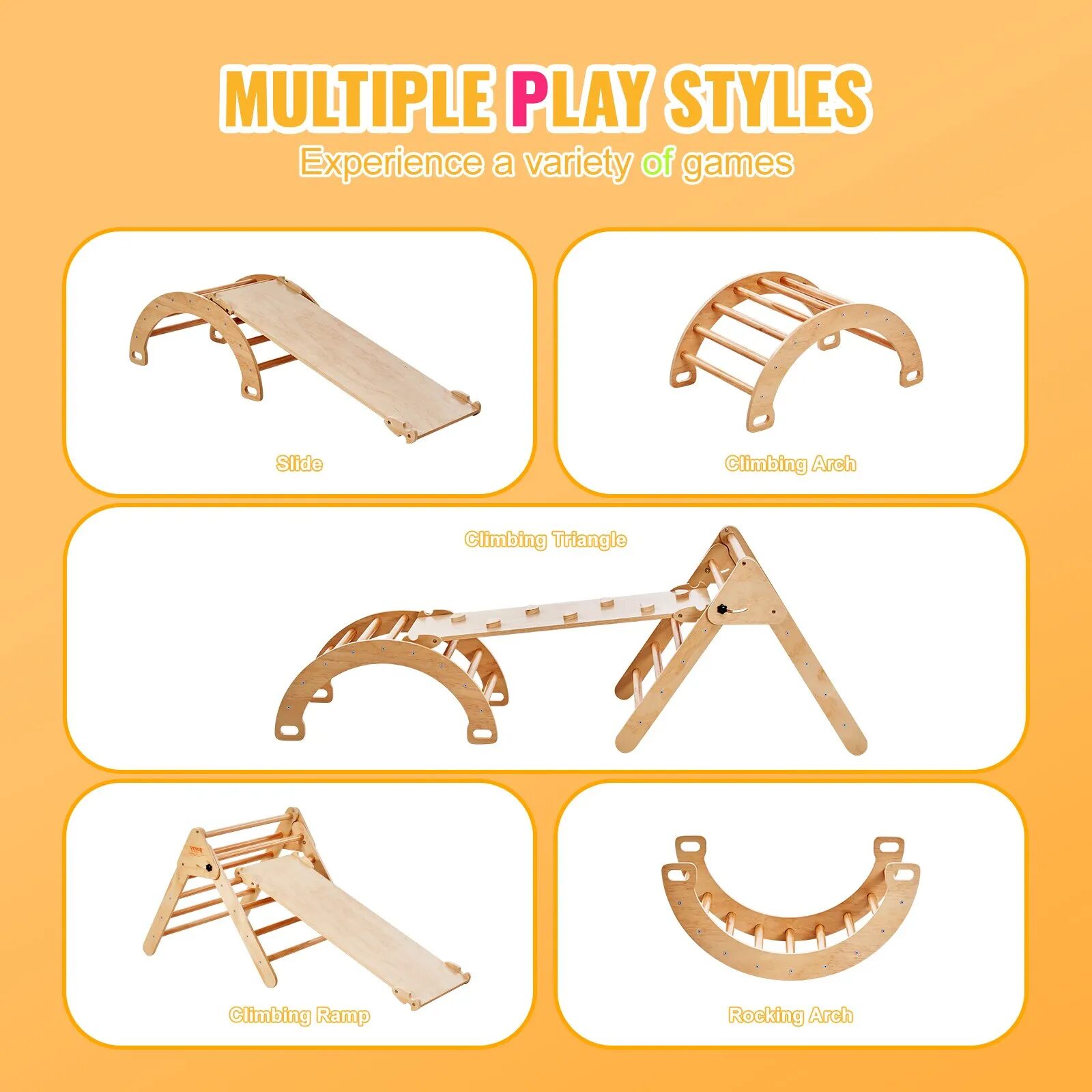 Пиклер триъгълник с арка и пързалка Vevor ZF-3LB, Натурален дървесен цвят, Рампа за катерене и пързаляне - Image 4