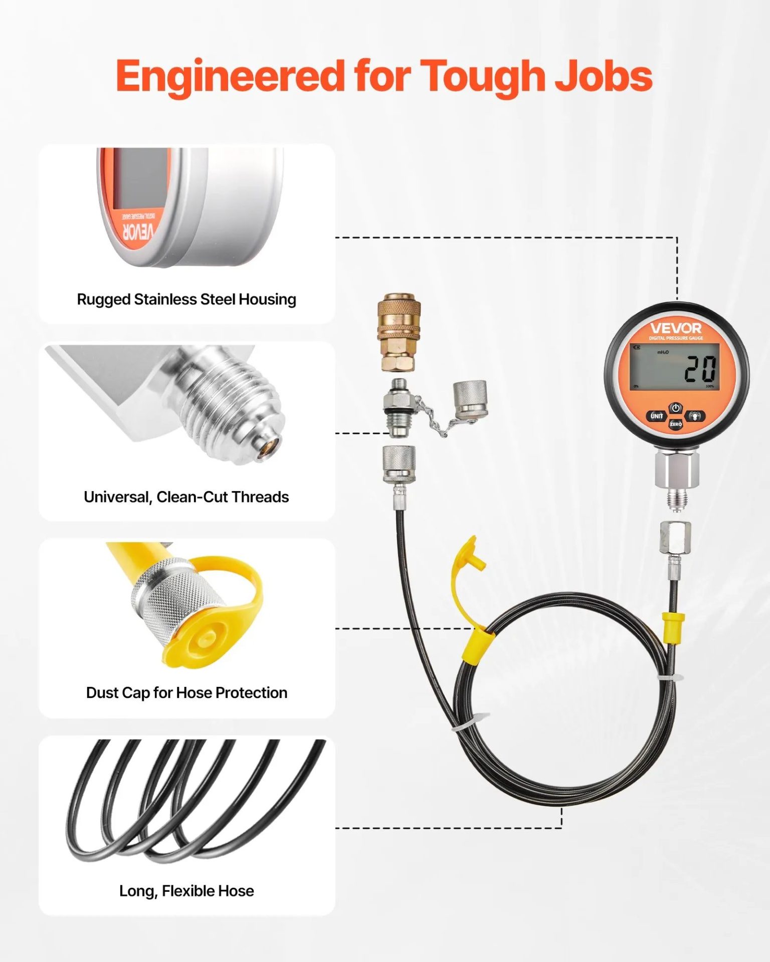 Хидравличен тестов комплект с два цифрови манометъра Vevor YS-0201, Диапазон до 700 бара, 9 тестови съединения - Image 5