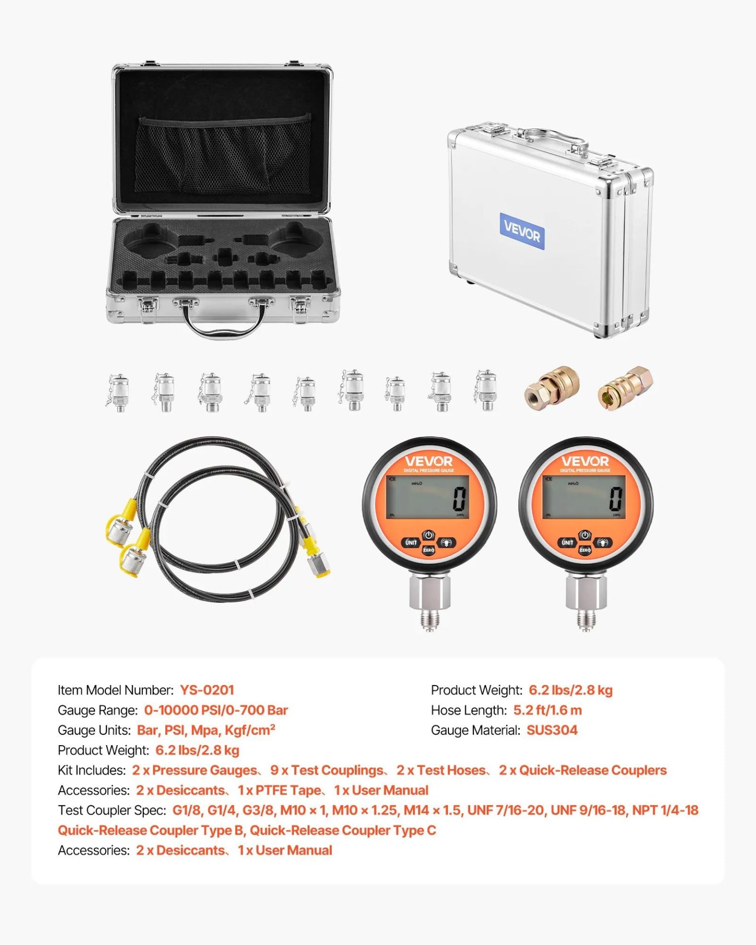 Хидравличен тестов комплект с два цифрови манометъра Vevor YS-0201, Диапазон до 700 бара, 9 тестови съединения - Image 7
