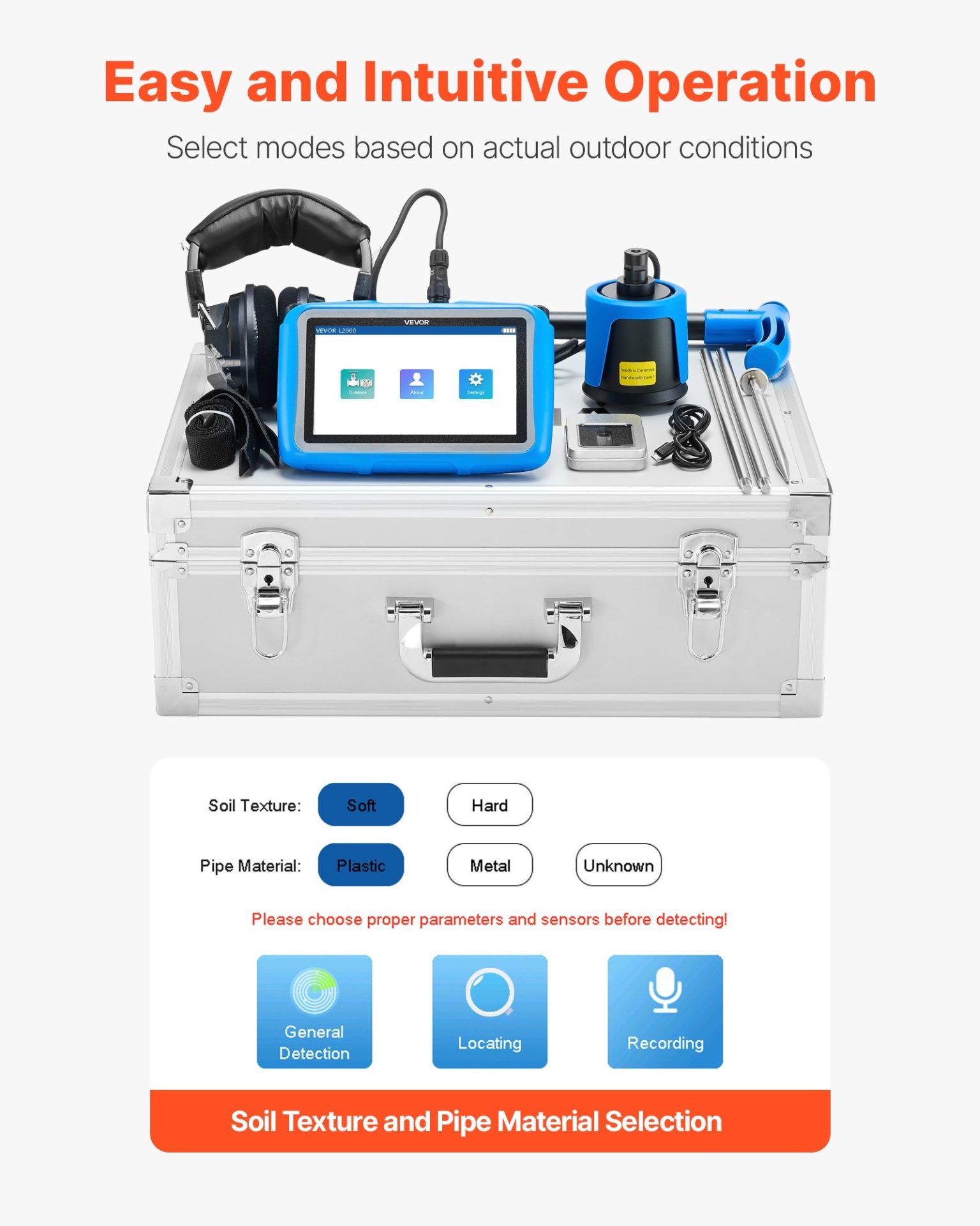 Акустичен уред за откриване на течове VEVOR L2000, За подземни течове до 5 метра дълбочина, Спектрален анализ, филтриране на сигнала, запис в реално време - Image 5