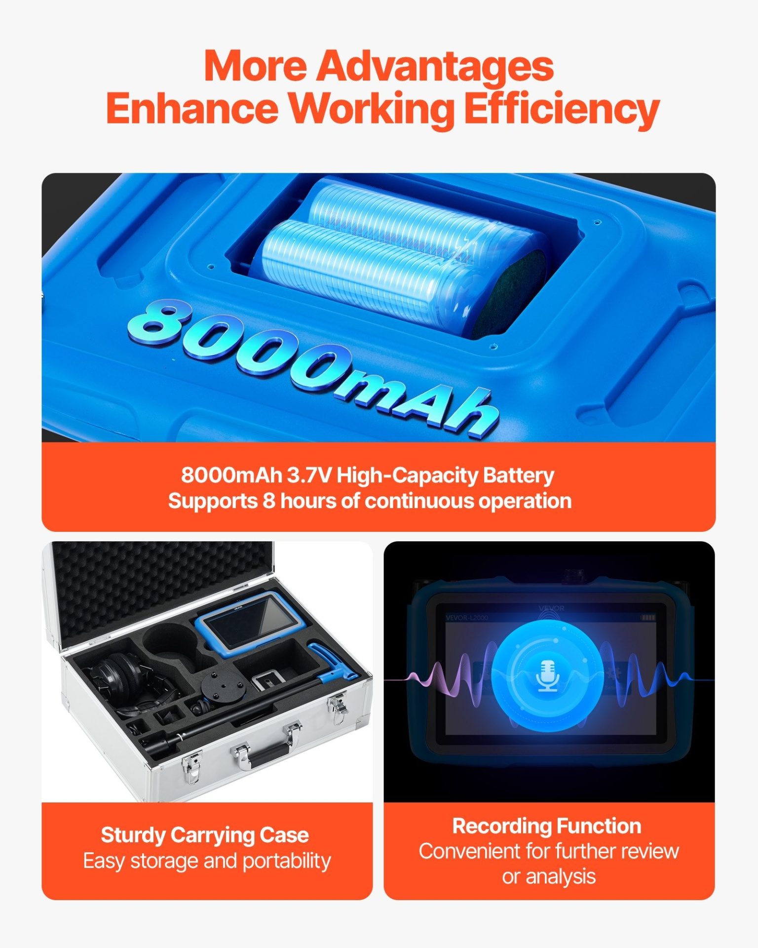 Акустичен уред за откриване на течове VEVOR L2000, За подземни течове до 5 метра дълбочина, Спектрален анализ, филтриране на сигнала, запис в реално време - Image 6