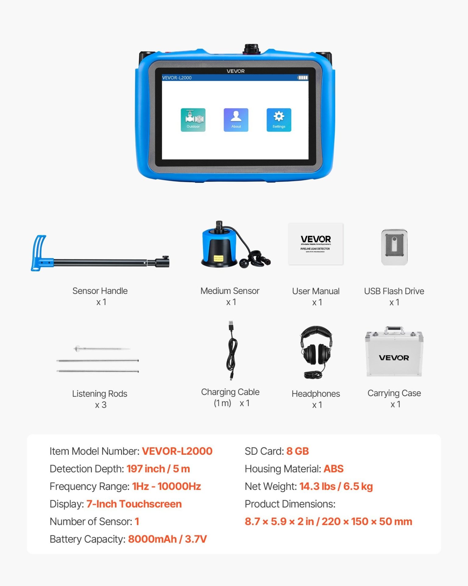 Акустичен уред за откриване на течове VEVOR L2000, За подземни течове до 5 метра дълбочина, Спектрален анализ, филтриране на сигнала, запис в реално време - Image 7