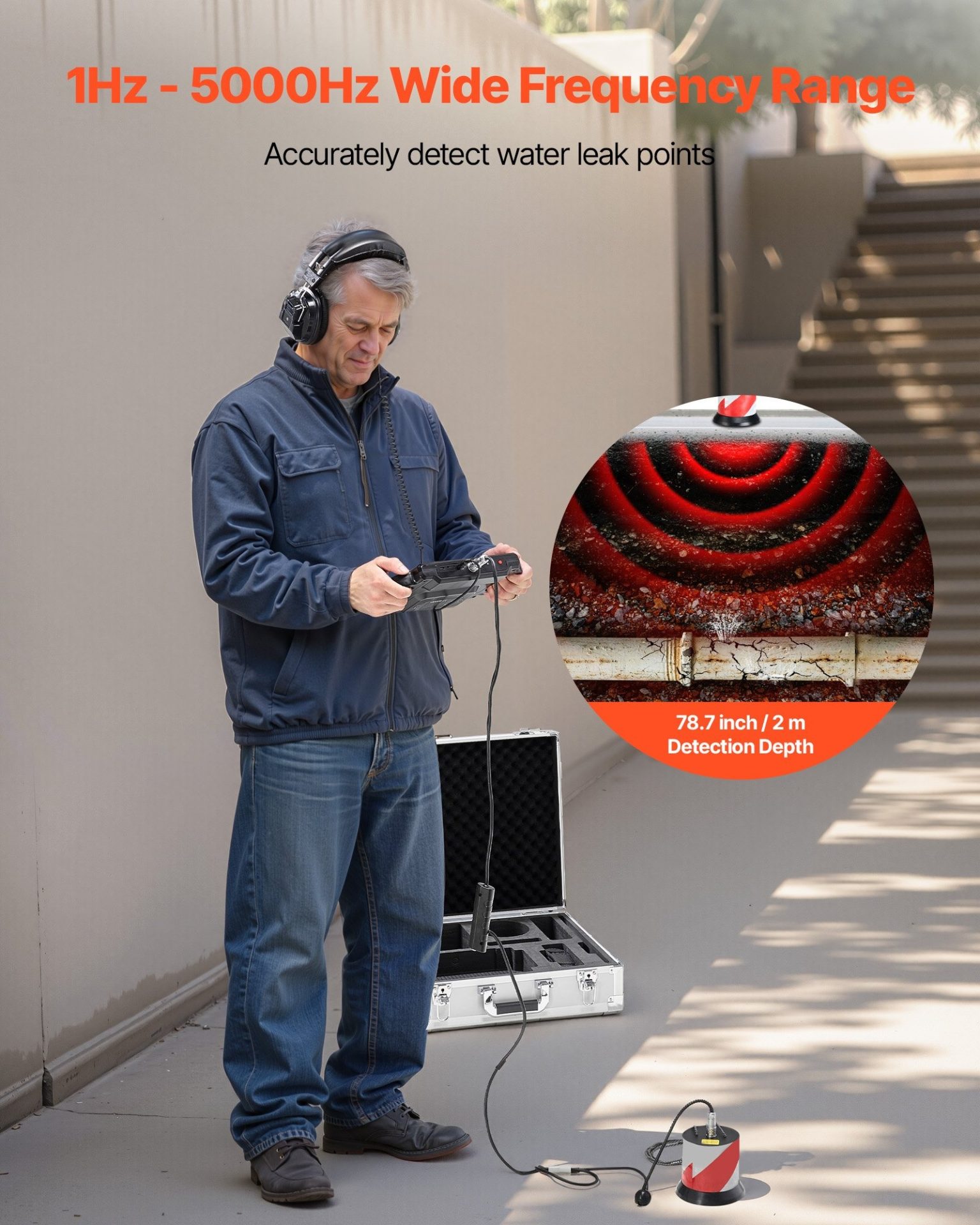 Акустичен уред за откриване на течове VEVOR CL200, За подземни течове, Дълбочина на засичане до 2м, Три броя сонди и чувствителен сензор - Image 2