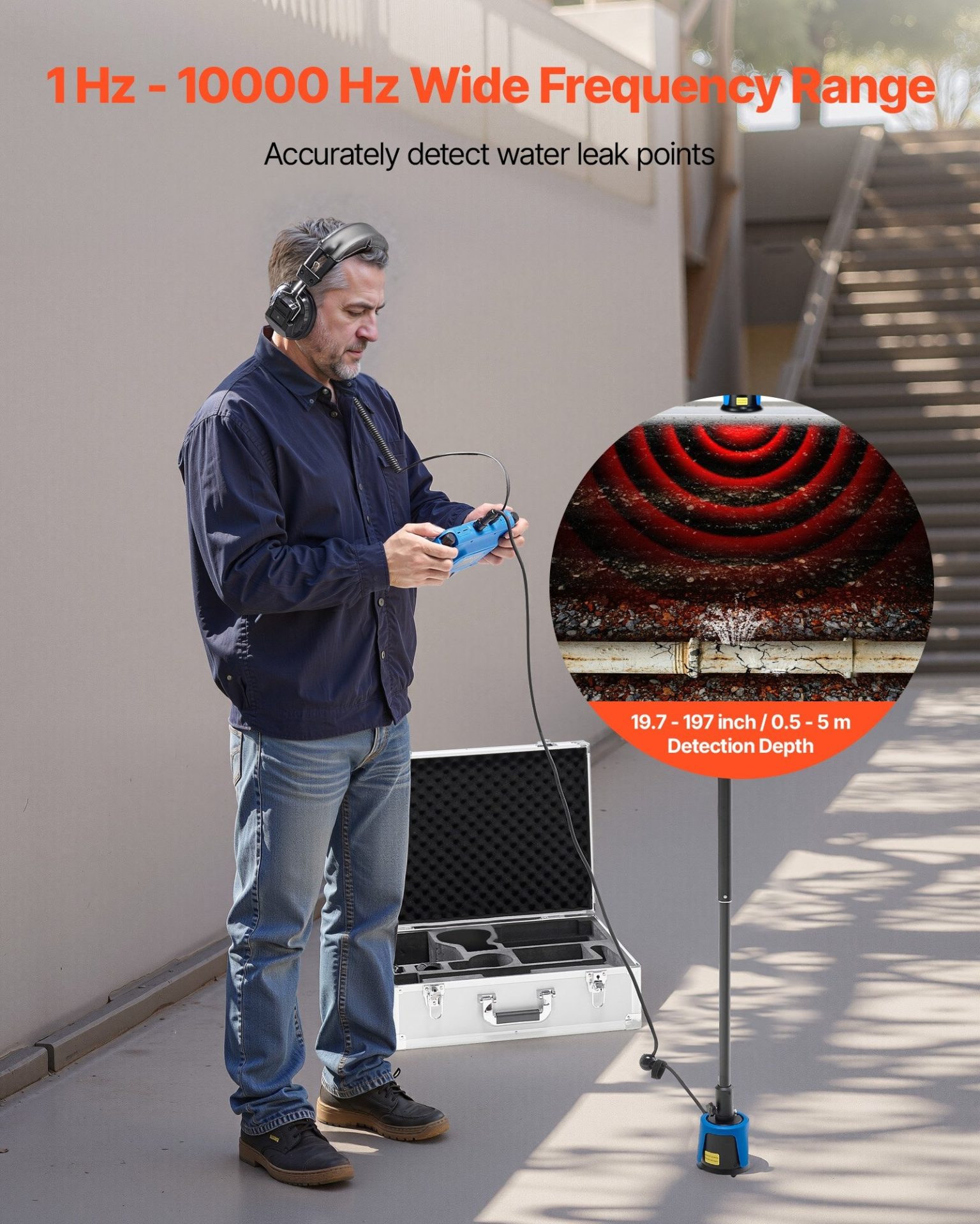 Акустичен уред за откриване на течове VEVOR L7000, Дълбочина на засичане до 5метра, За вътрешна и външна употреба, Спектрален анализ, филтриране на сигнала, запис в реално време - Image 2