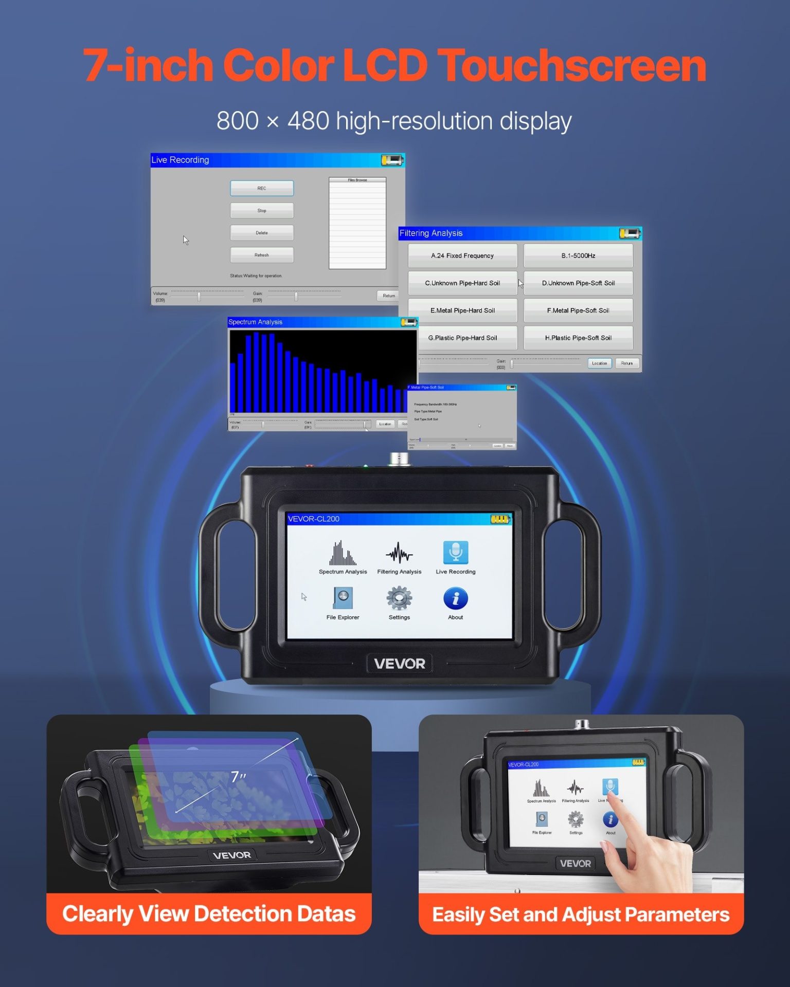 Акустичен уред за откриване на течове VEVOR CL200, За подземни течове, Дълбочина на засичане до 2м, Три броя сонди и чувствителен сензор - Image 3