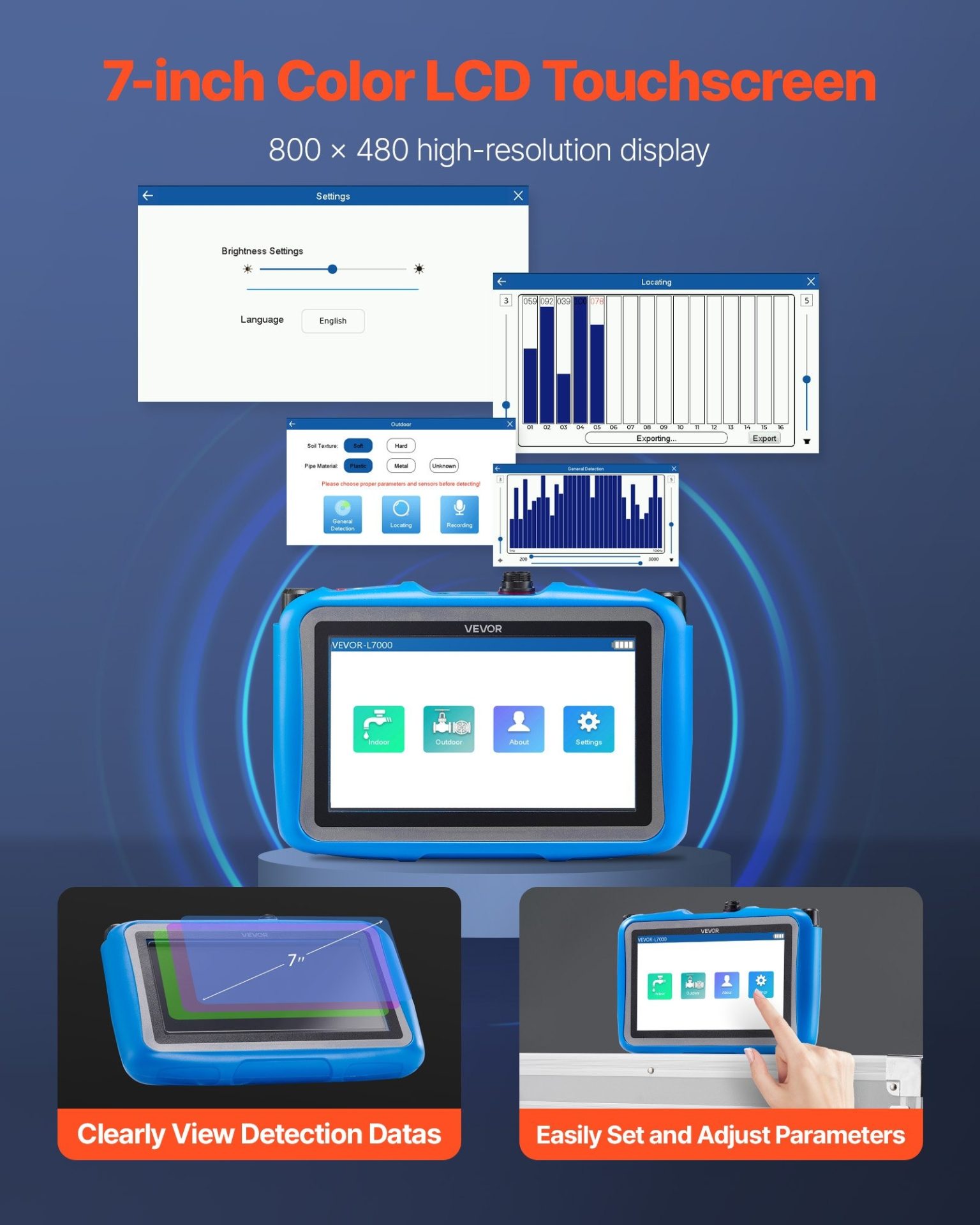 Акустичен уред за откриване на течове VEVOR L7000, Дълбочина на засичане до 5метра, За вътрешна и външна употреба, Спектрален анализ, филтриране на сигнала, запис в реално време - Image 3
