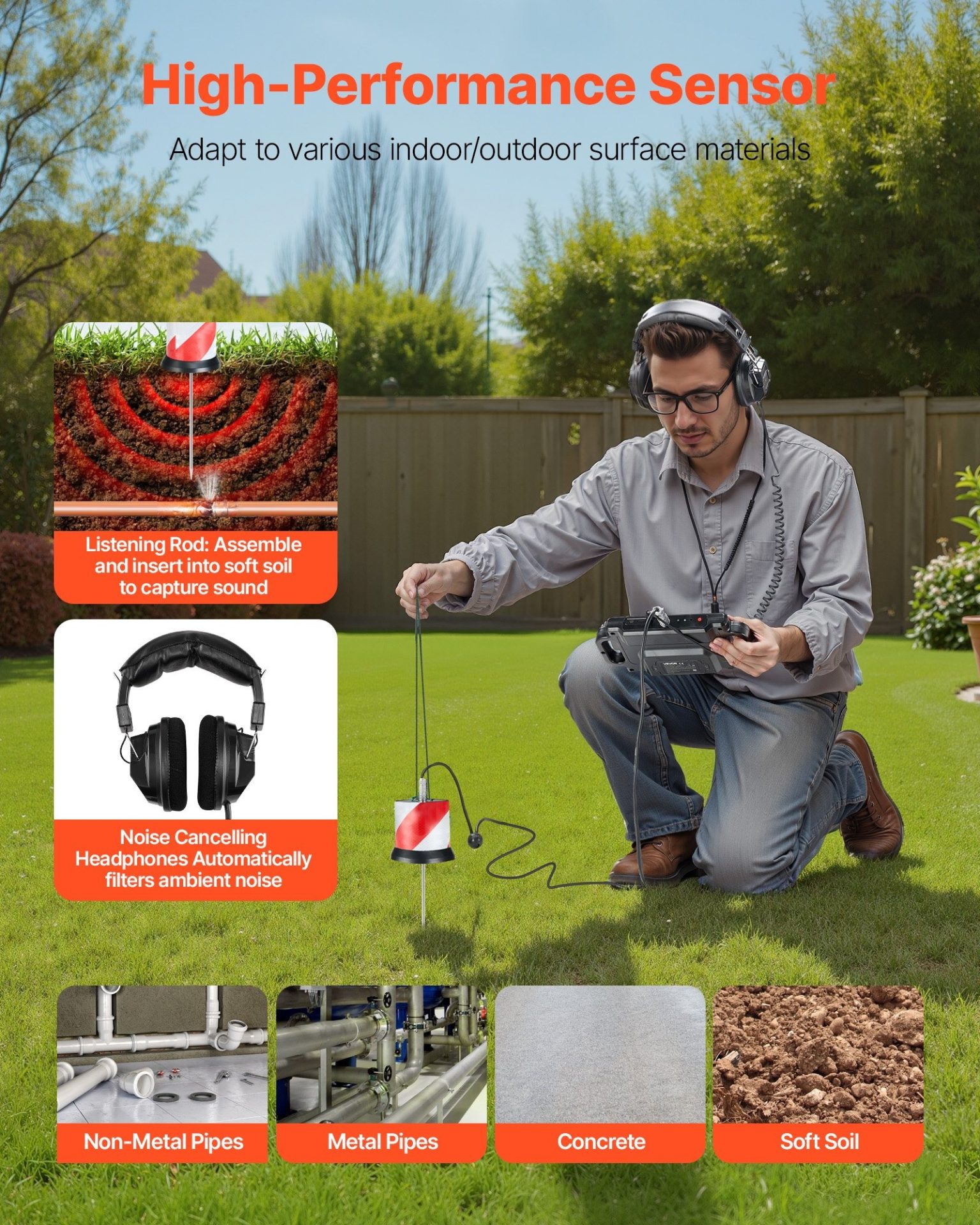 Акустичен уред за откриване на течове VEVOR CL200, За подземни течове, Дълбочина на засичане до 2м, Три броя сонди и чувствителен сензор - Image 4