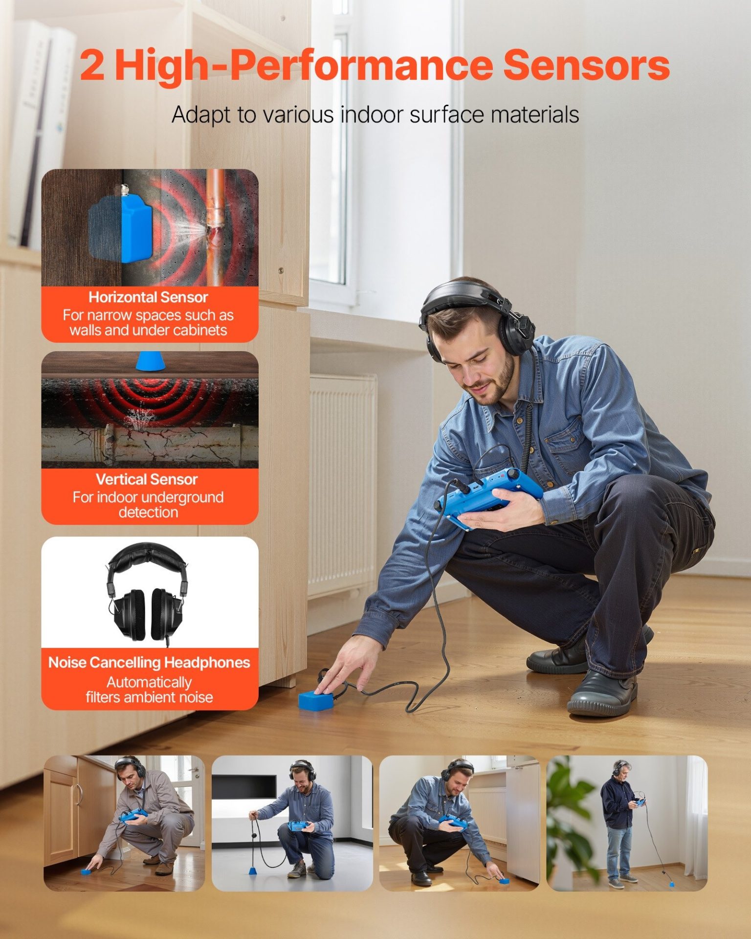 Акустичен уред за откриване на течове VEVOR L50, За вътрешна употреба, Дълбочина на засичане до 0.5м, Хоризонтален и вертикален сензор - Image 4