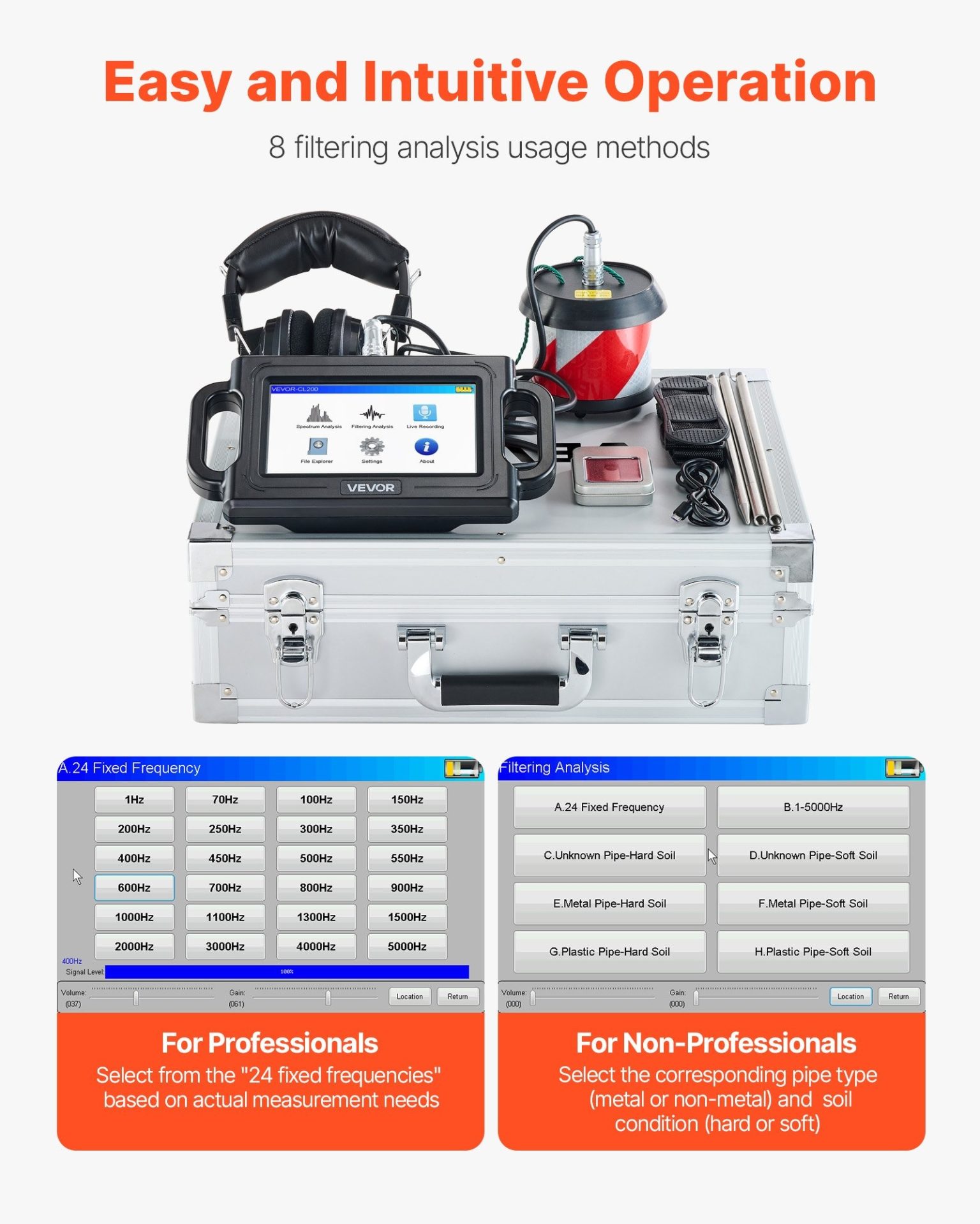 Акустичен уред за откриване на течове VEVOR CL200, За подземни течове, Дълбочина на засичане до 2м, Три броя сонди и чувствителен сензор - Image 5