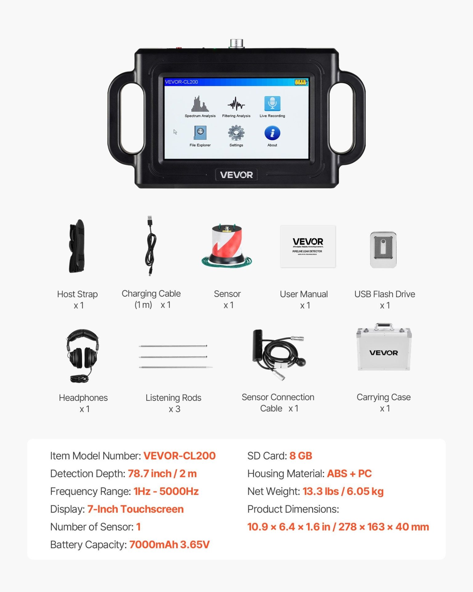 Акустичен уред за откриване на течове VEVOR CL200, За подземни течове, Дълбочина на засичане до 2м, Три броя сонди и чувствителен сензор - Image 7