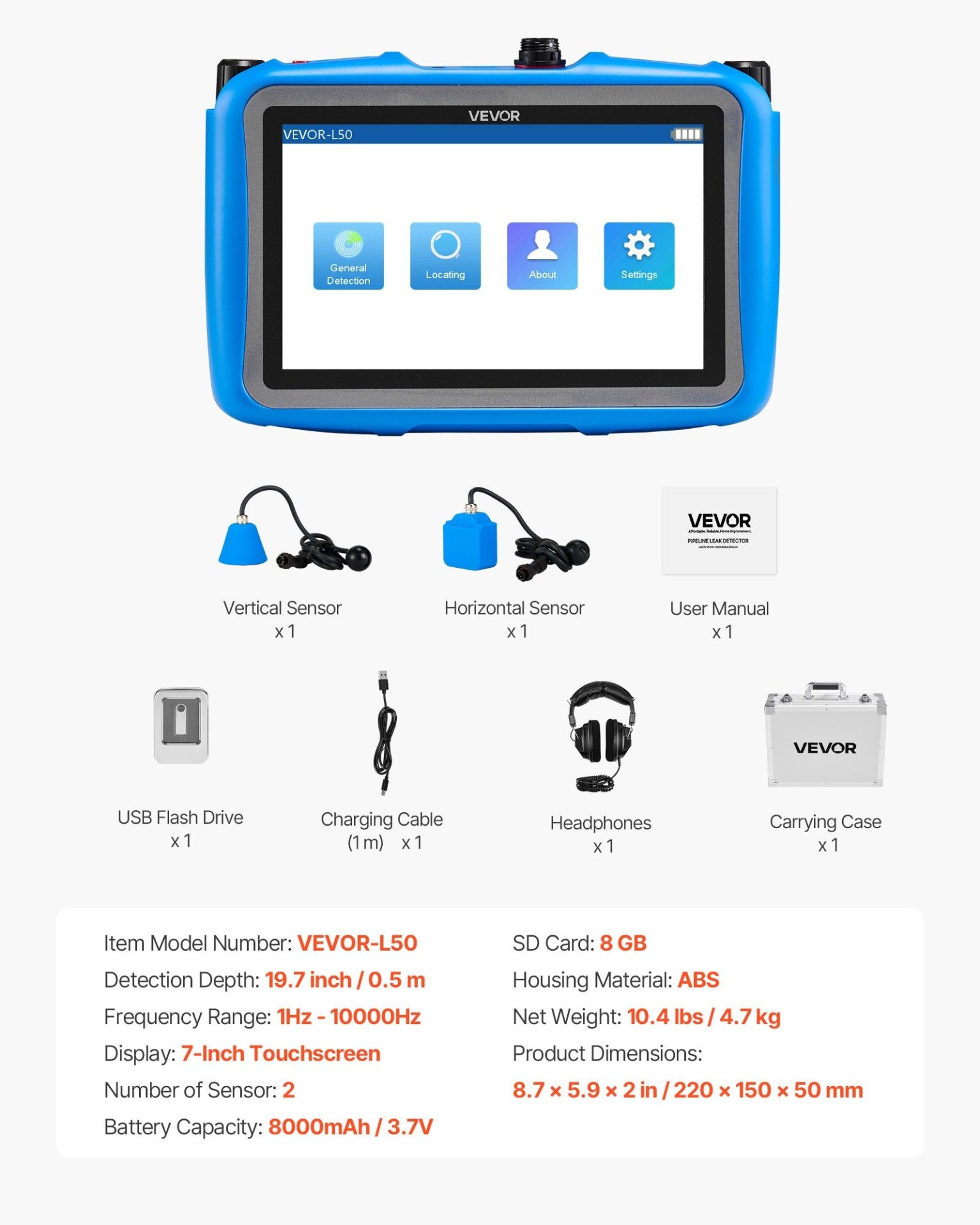 Акустичен уред за откриване на течове VEVOR L50, За вътрешна употреба, Дълбочина на засичане до 0.5м, Хоризонтален и вертикален сензор - Image 7