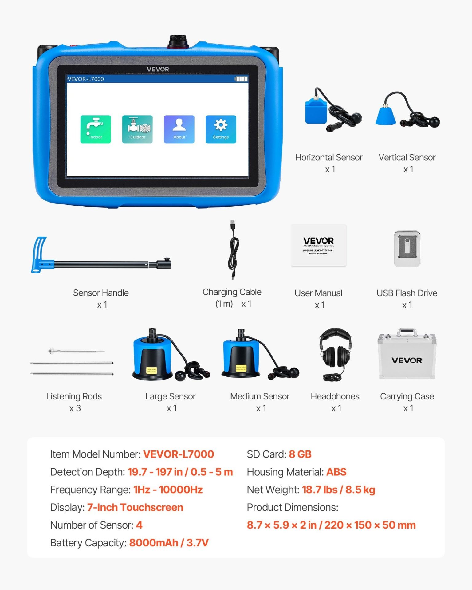Акустичен уред за откриване на течове VEVOR L7000, Дълбочина на засичане до 5метра, За вътрешна и външна употреба, Спектрален анализ, филтриране на сигнала, запис в реално време - Image 7
