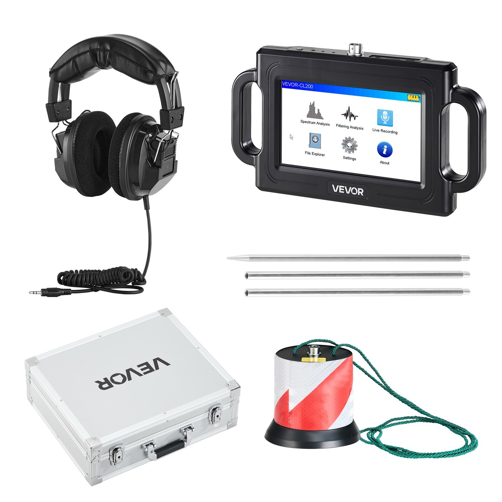 Акустичен уред за откриване на течове VEVOR CL200, За подземни течове, Дълбочина на засичане до 2м, Три броя сонди и чувствителен сензор - Image 9