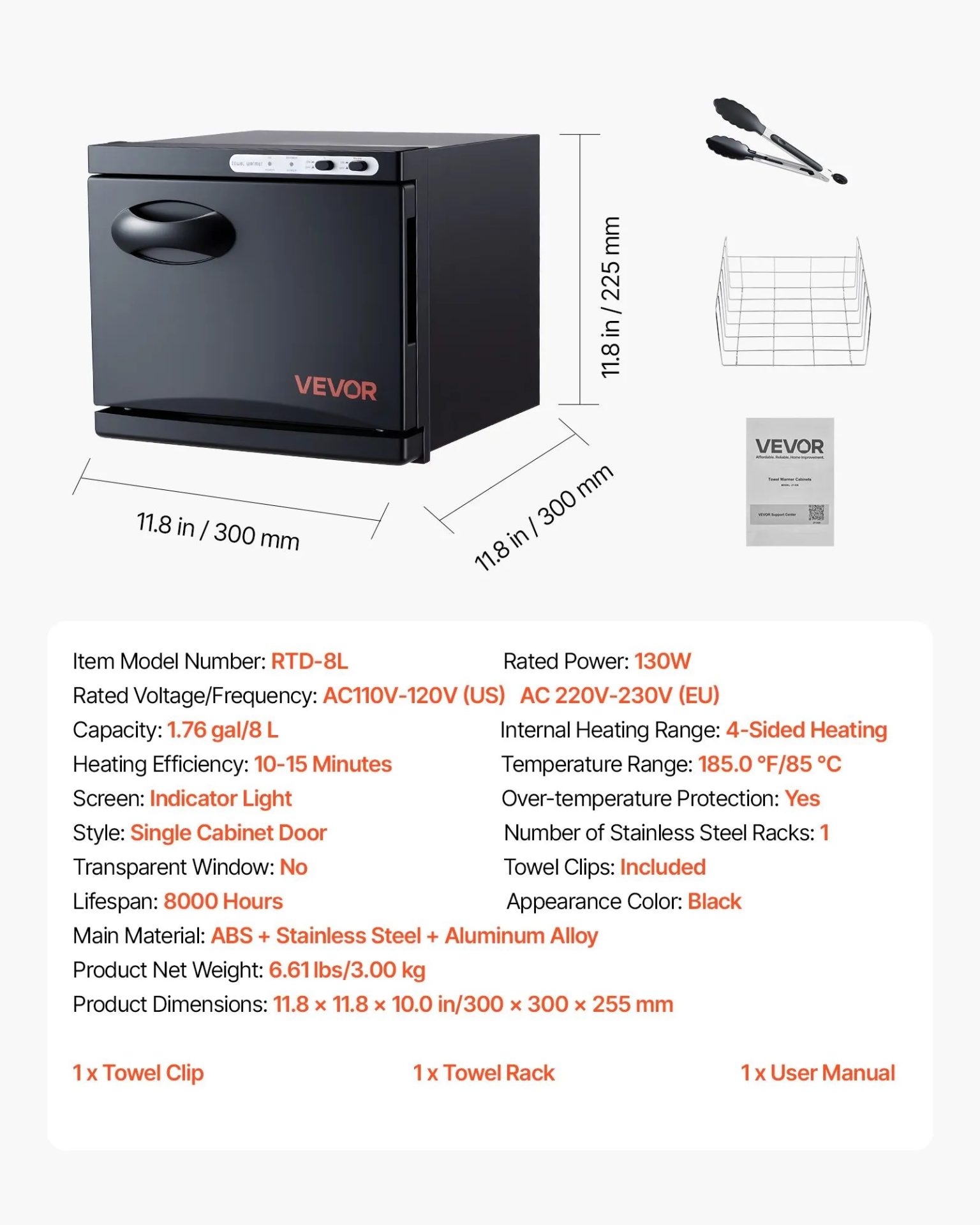 Нагревател за хавлиени кърпи Vevor RTD-8L, Обем 8 литра, UV лампа, Подходящ за салони и масажни студиа - Image 7