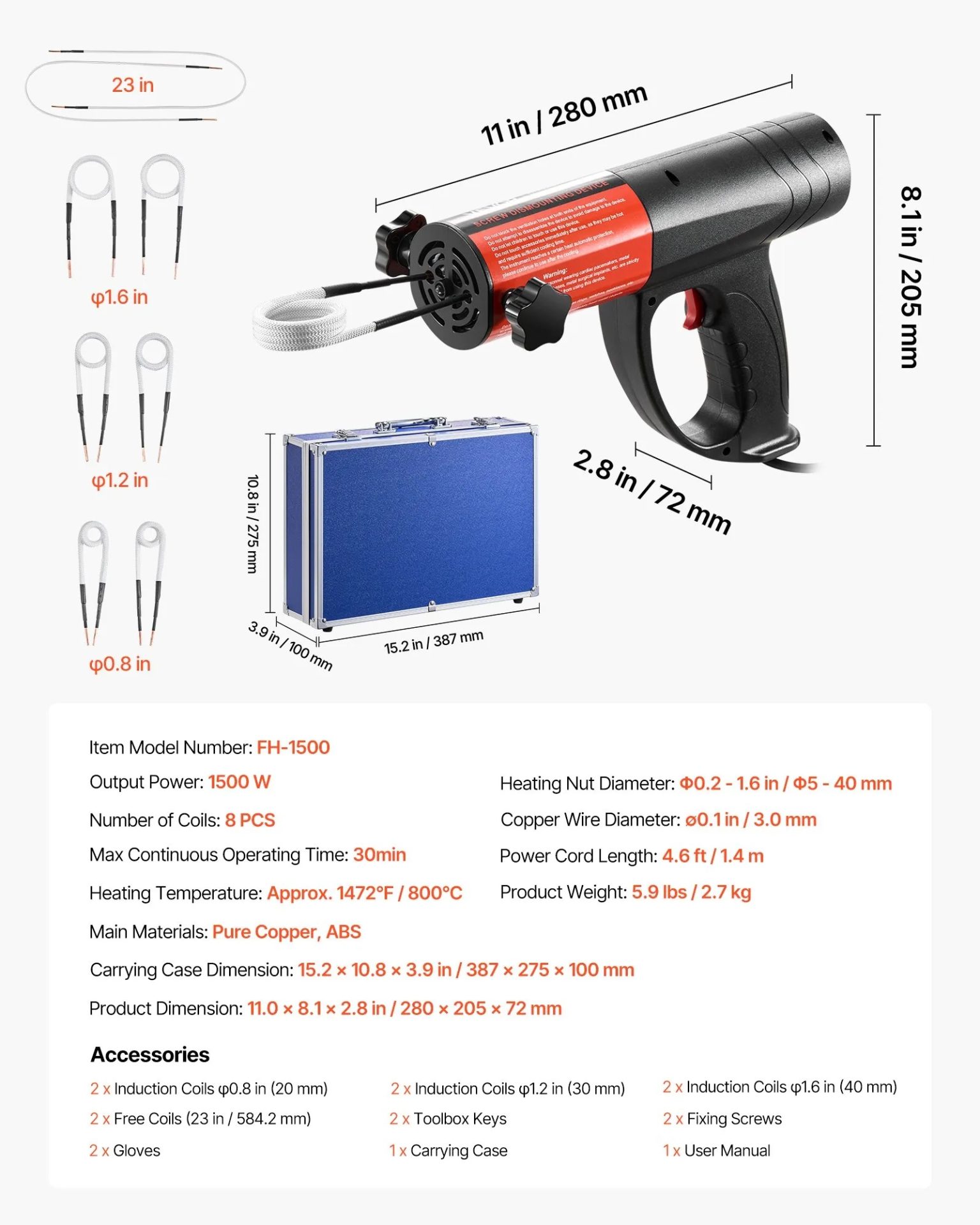 Индукционен нагревател за метал Vevor FH-1500, Захранване 230 V, Мощност 1500 W, 8 нагревателни бобини - Image 2