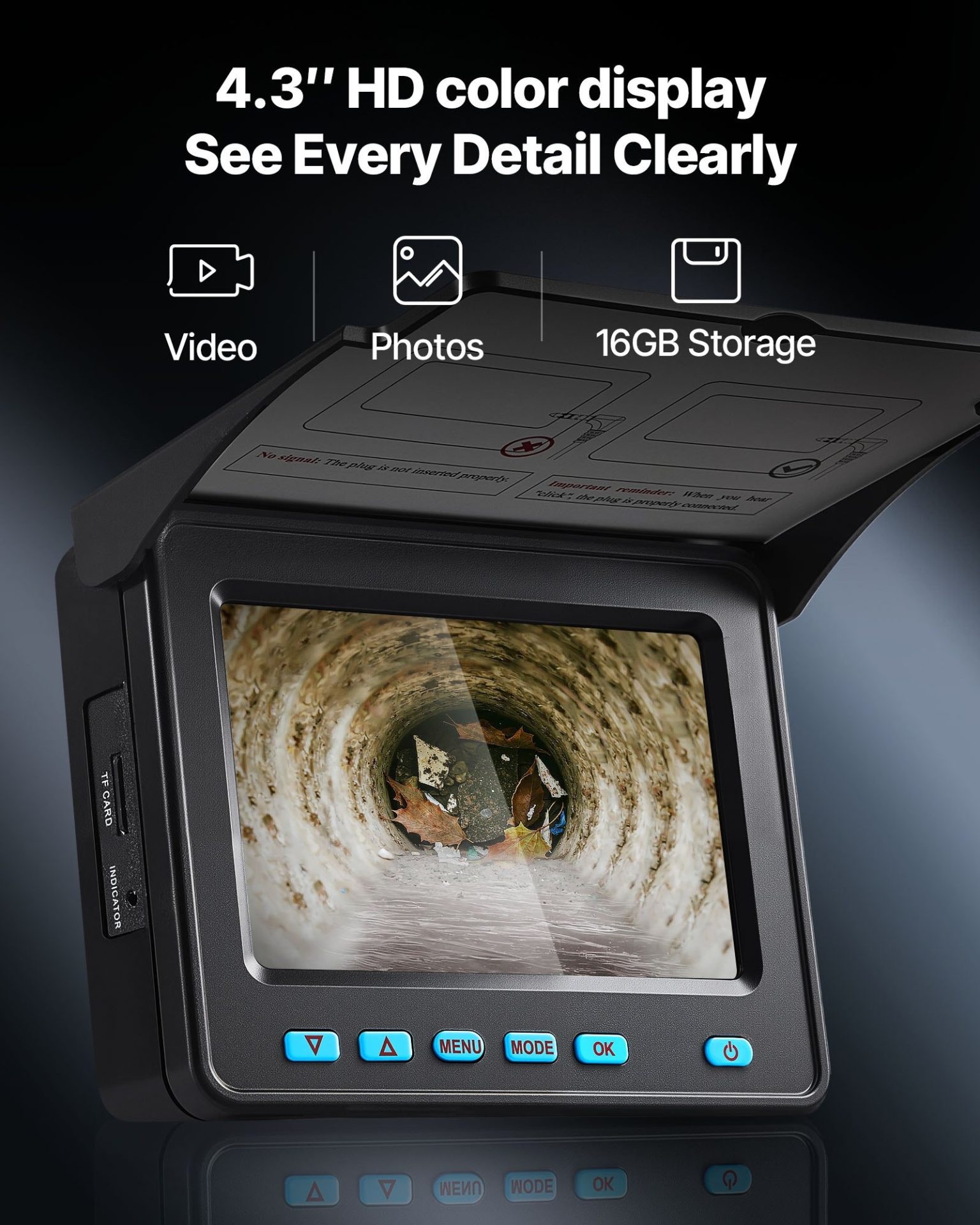 Камера за канали и тръби VEVOR WP9602F, Дължина 30 метра, Самонивелираща камера с диаметър 23 мм, Водоустойчивост IP68 - Image 3