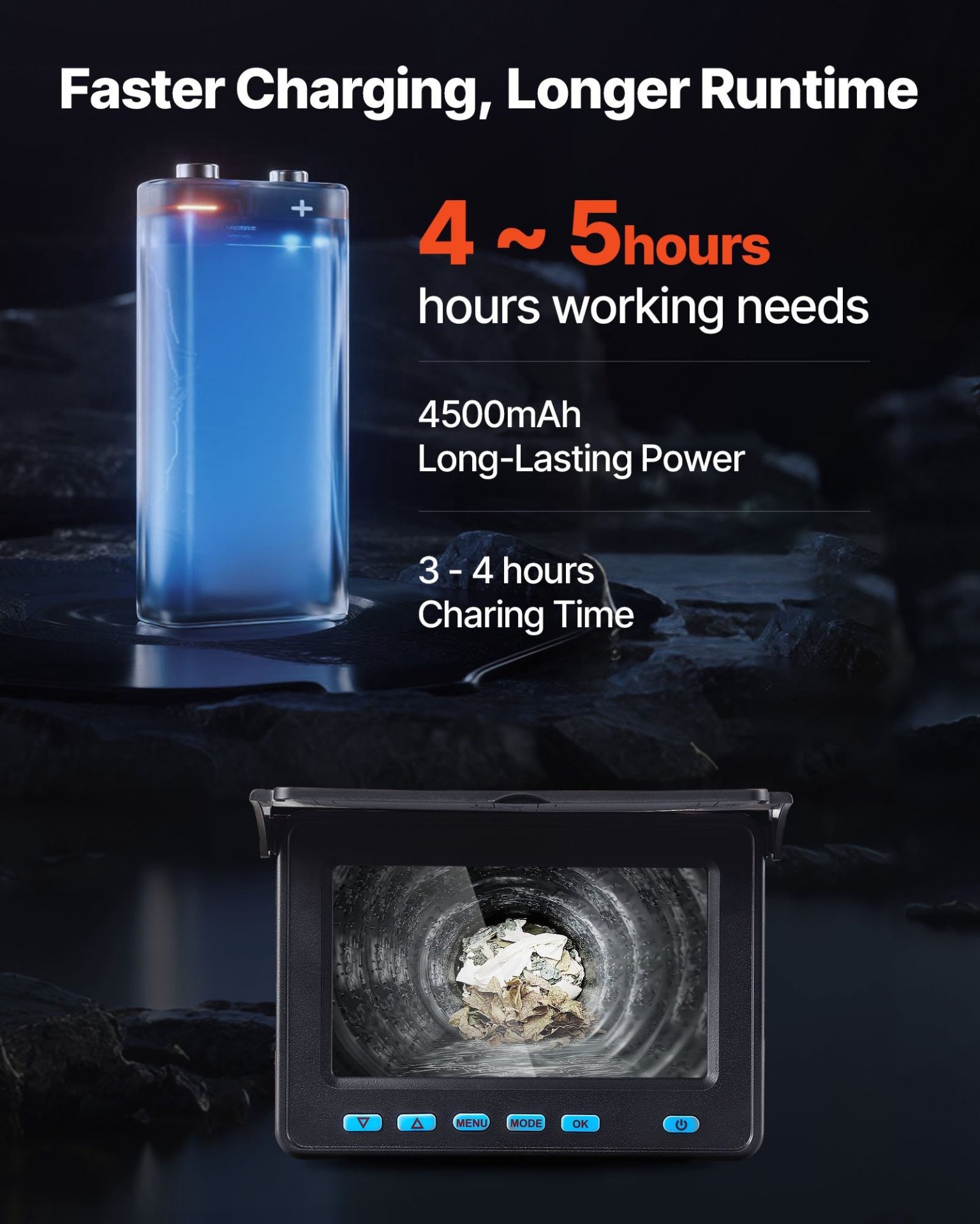 Камера за канали и тръби VEVOR WP9602F, Дължина 30 метра, Самонивелираща камера с диаметър 23 мм, Водоустойчивост IP68 - Image 6