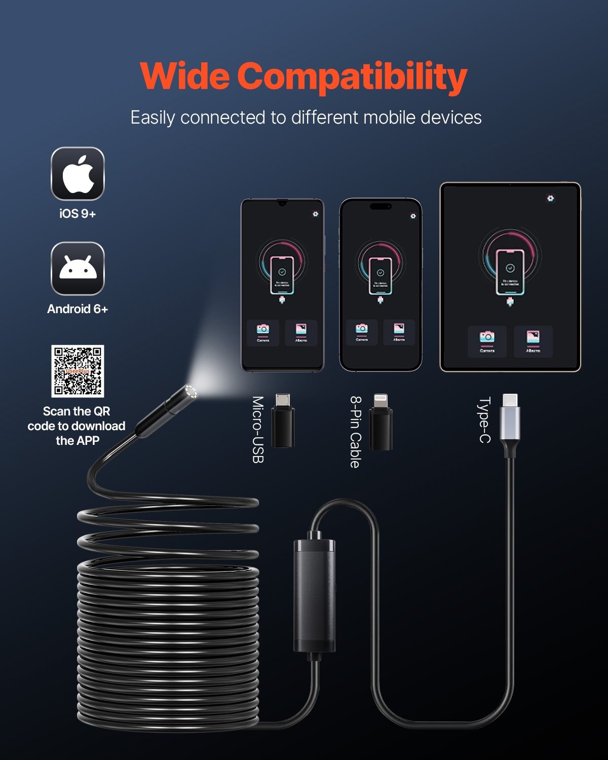 Ендоскоп за телефон VEVOR SM74, Единична камера IP67, Дължина 15 метра, Съвместимост с Android 6+ и iOS 9+, За диагностика на коли, тръби и канали - Image 2