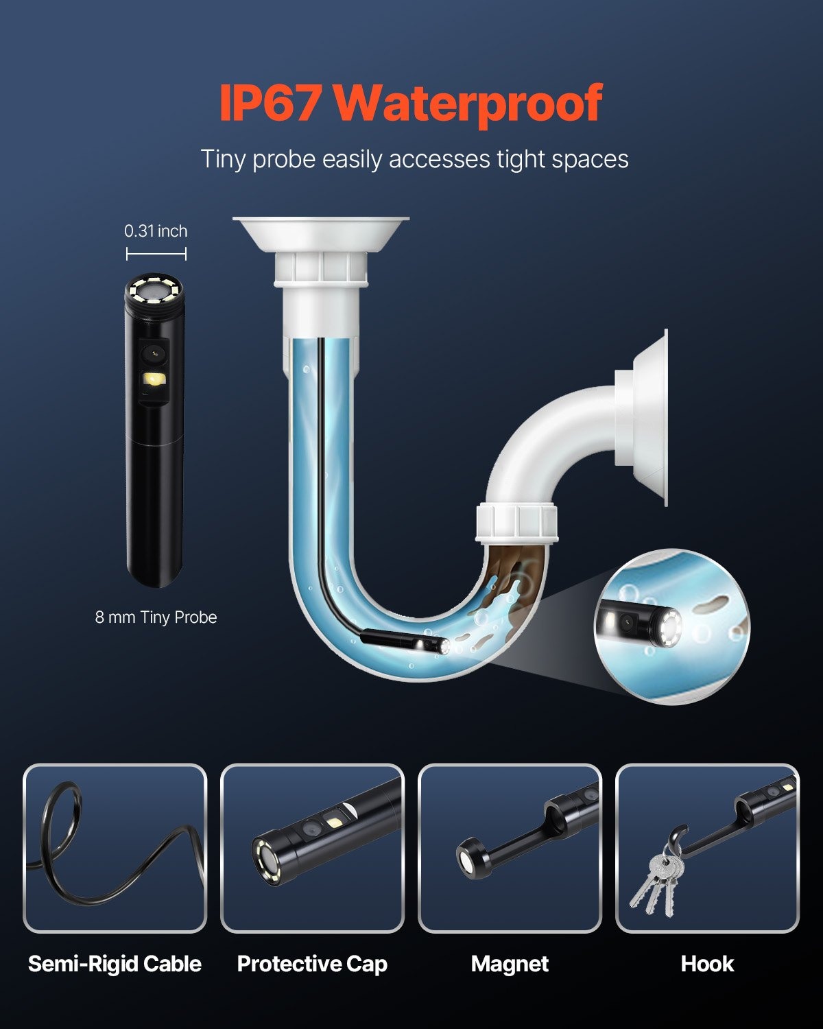 Ендоскоп за телефон VEVOR SM7, Двойна камера IP67, Дължина 3 метра, Съвместимост с Android 6+ и iOS 9+, За диагностика на коли, тръби и канали - Image 6