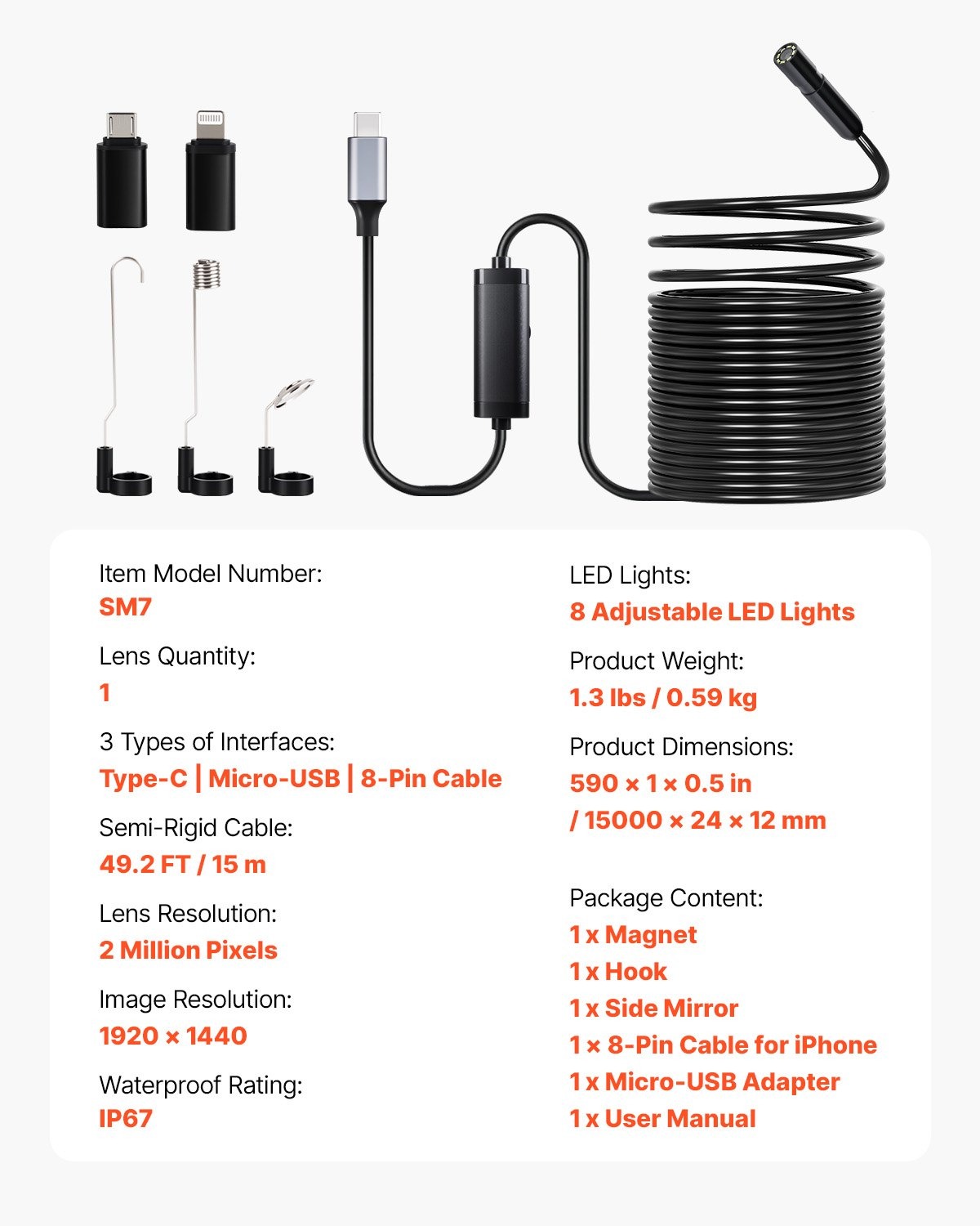 Ендоскоп за телефон VEVOR SM74, Единична камера IP67, Дължина 15 метра, Съвместимост с Android 6+ и iOS 9+, За диагностика на коли, тръби и канали - Image 7