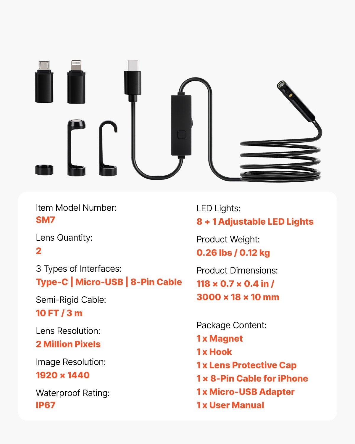 Ендоскоп за телефон VEVOR SM7, Двойна камера IP67, Дължина 3 метра, Съвместимост с Android 6+ и iOS 9+, За диагностика на коли, тръби и канали - Image 7