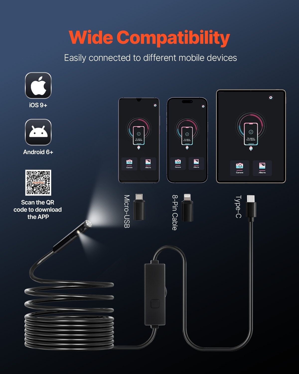 Ендоскоп за телефон VEVOR SM72, Двойна камера IP67, Дължина 5 метра, Съвместимост с Android 6+ и iOS 9+, За диагностика на коли, тръби и канали - Image 4