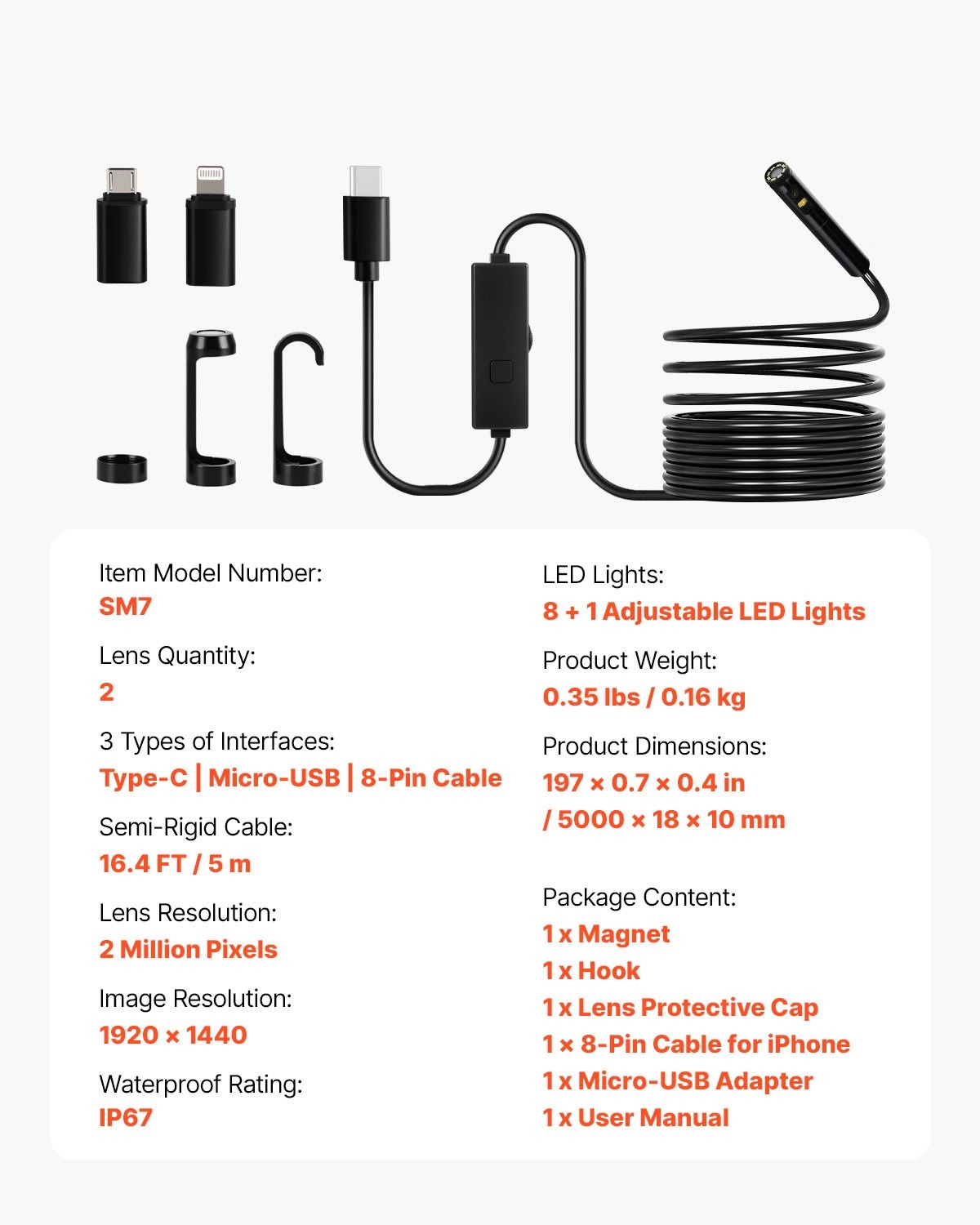 Ендоскоп за телефон VEVOR SM72, Двойна камера IP67, Дължина 5 метра, Съвместимост с Android 6+ и iOS 9+, За диагностика на коли, тръби и канали - Image 7