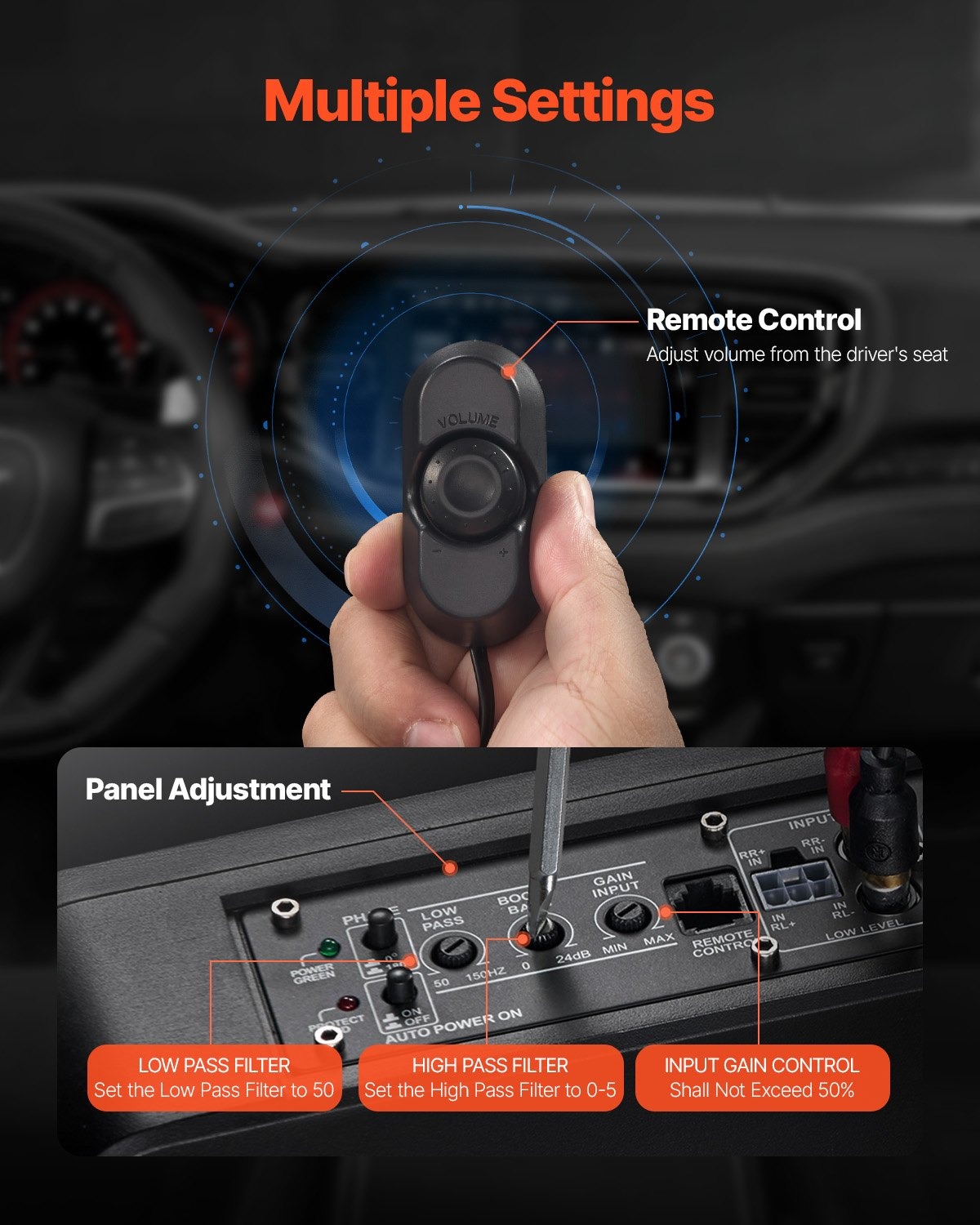 Активен субуфер за под седалка VEVOR YL-105C, RMS мощност 300 W, Размери 350 × 255 × 80 мм, Включен High to low конвертор и жичен контролер - Image 6