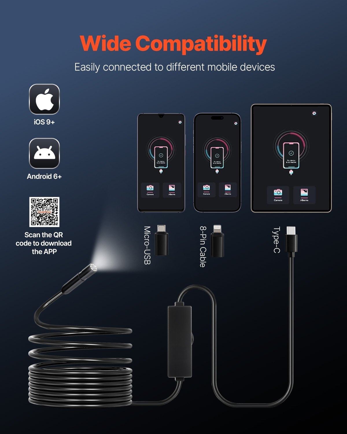 Ендоскоп за телефон VEVOR SM73, Единична камера IP67, Дължина 5 метра, Съвместимост с Android 6+ и iOS 9+, За диагностика на коли, тръби и канали - Image 4