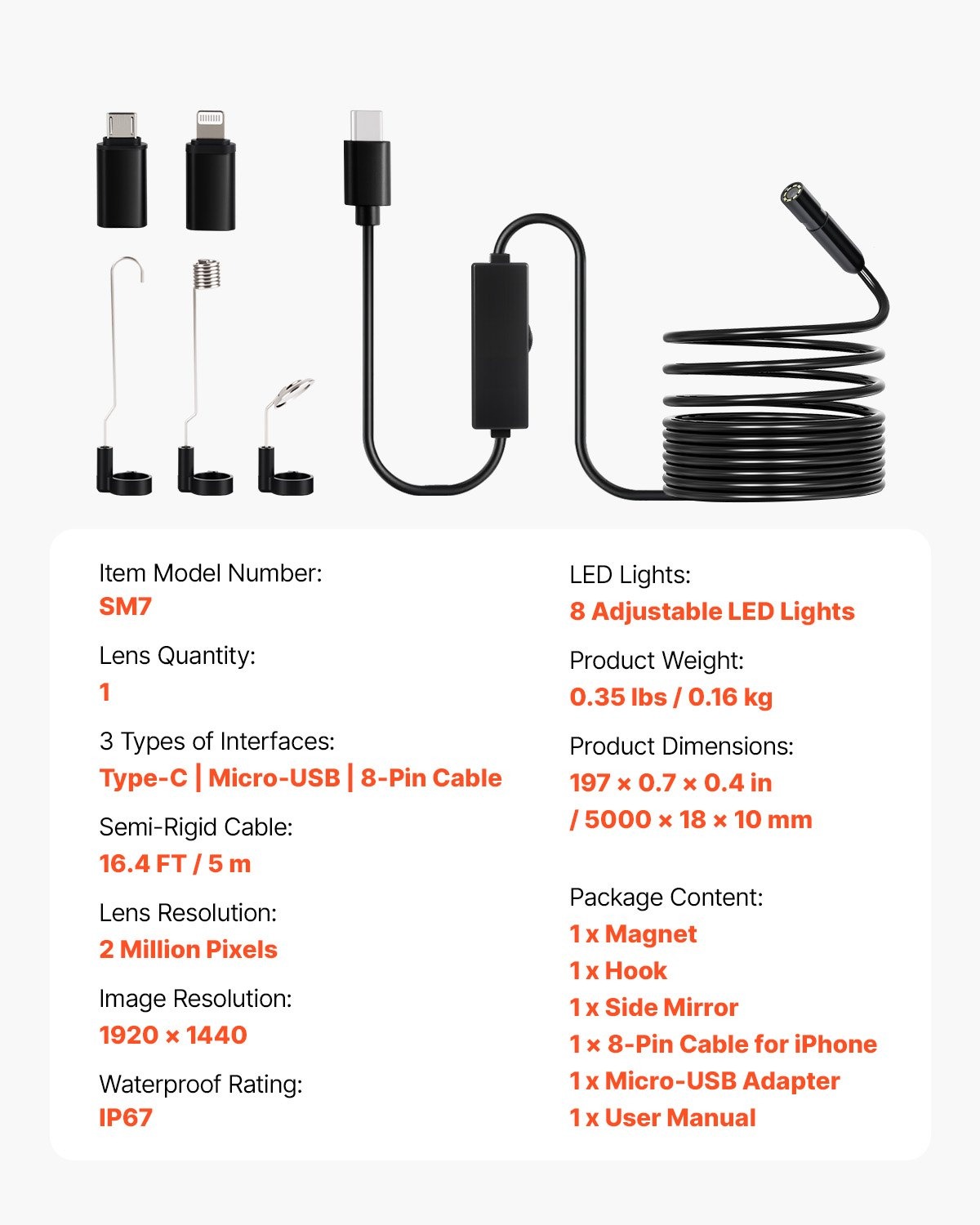 Ендоскоп за телефон VEVOR SM73, Единична камера IP67, Дължина 5 метра, Съвместимост с Android 6+ и iOS 9+, За диагностика на коли, тръби и канали - Image 7