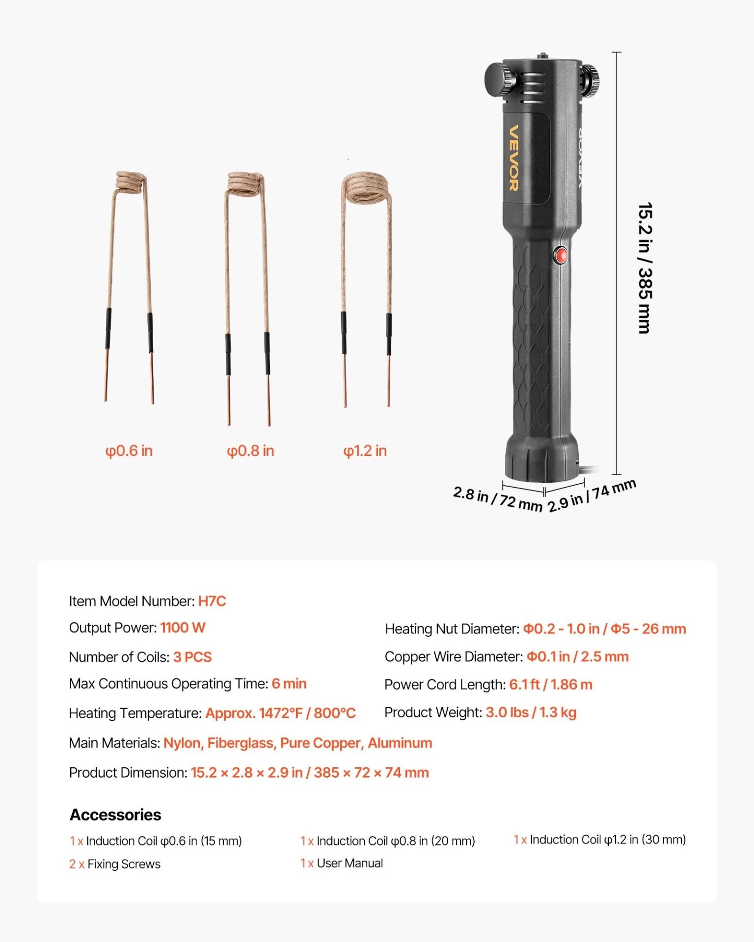 Преносим индукционен нагревател за болтове Vevor H7C, Мощност 1100 W, Комплект с 3 нагревателни бобини - Image 7