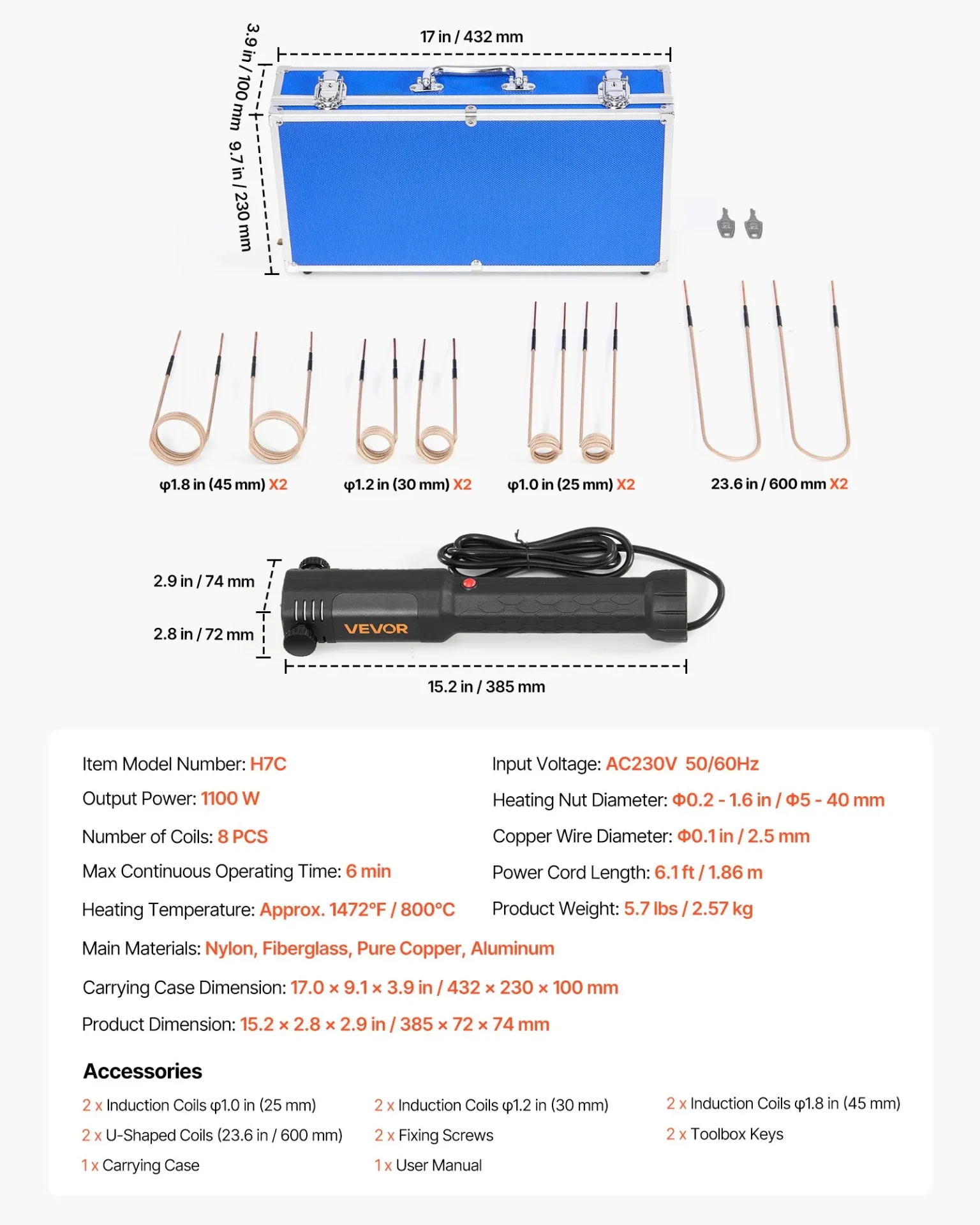 Индукционен нагревател за лагери Vevor H7C-8, Захранване 220V, 8 нагревателни бобини, До 800 градуса - Image 7