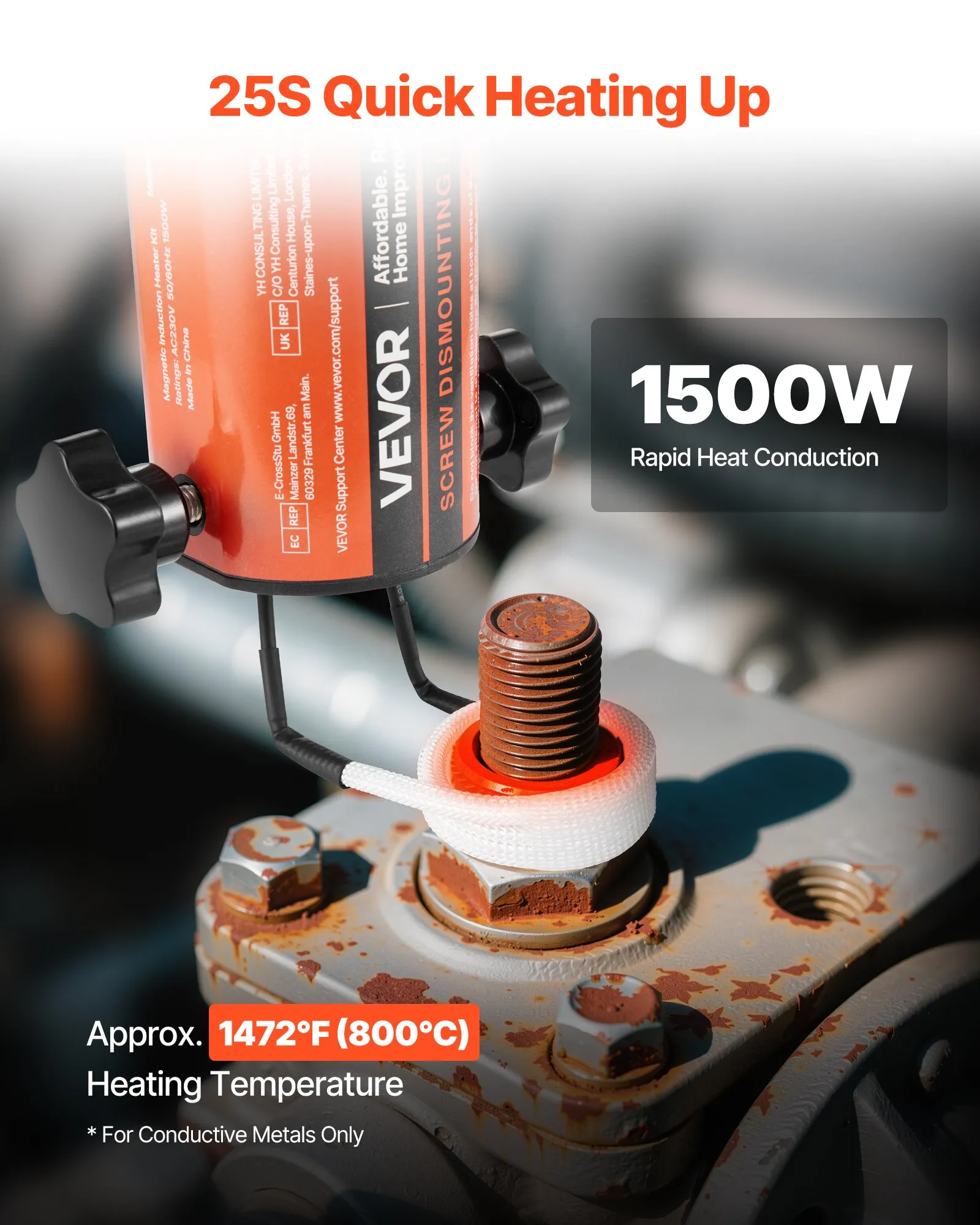 Индукционен нагревател за метал Vevor FH-1500, Захранване 230 V, Мощност 1500 W, 8 нагревателни бобини - Image 3