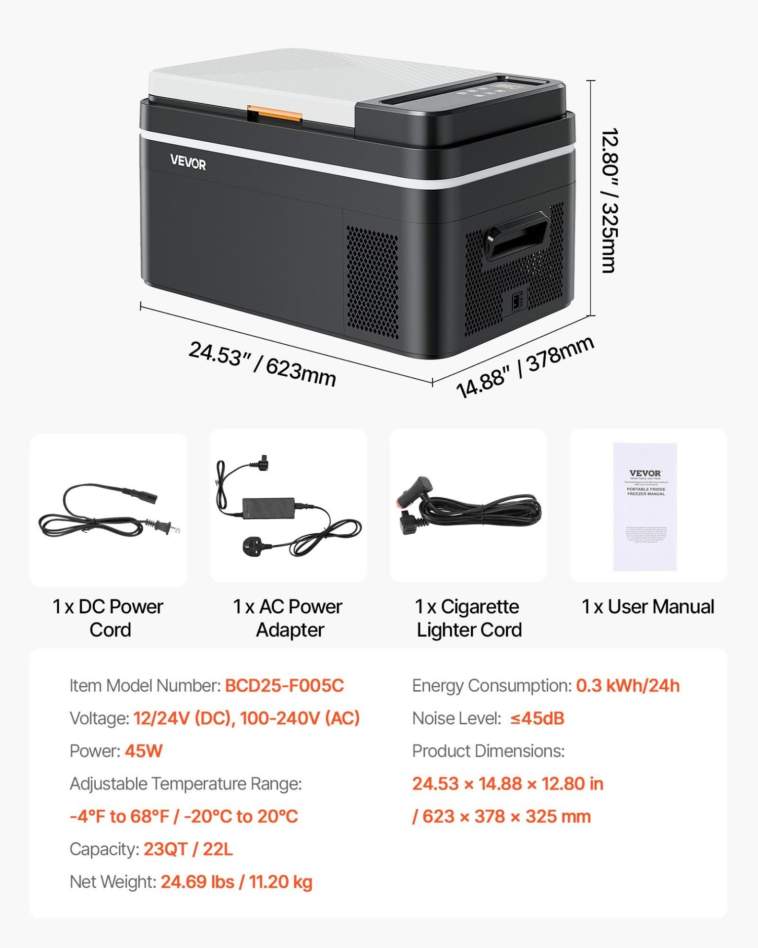 Хладилник за кола 12V, 24V и 220V VEVOR BCD25, Обем 22 литра, Консумация 0.30 kWh / 24 часа, Температурен диапазон от -20°C до +20°C - Image 7
