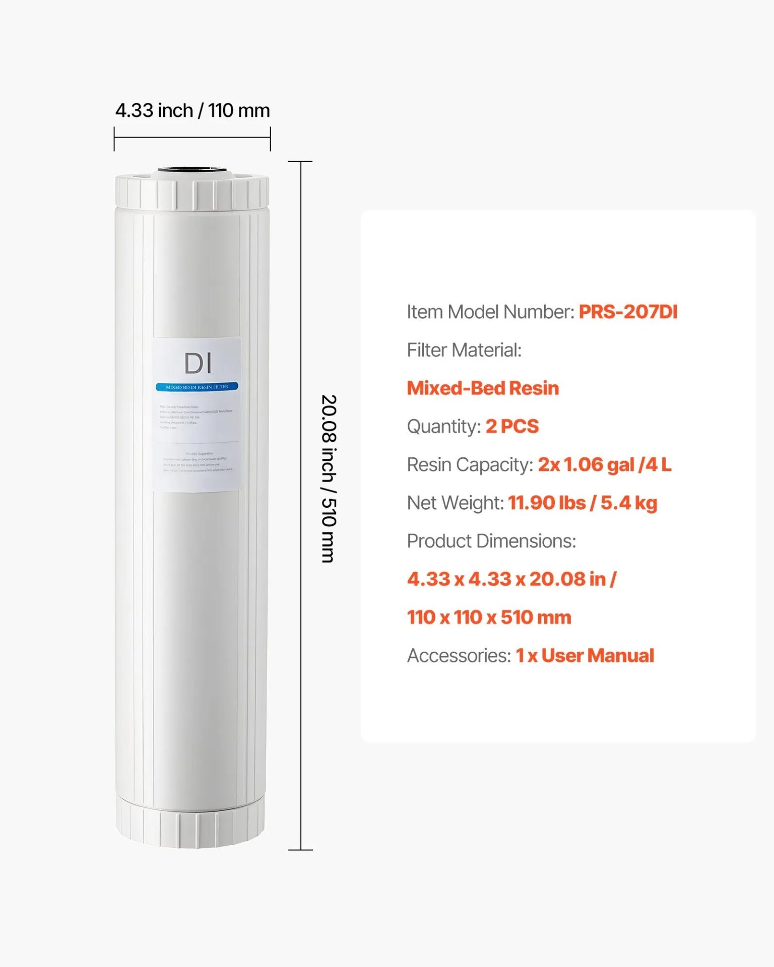 Резервни филтри за дейонизиране на вода VEVOR PRS-207DI, За измиване без петна, Съвместими със системи VEVOR PRS-207SLXC, PRS-TCXC, PRS-TCXC-PT и PRS-207XCGB - Image 7