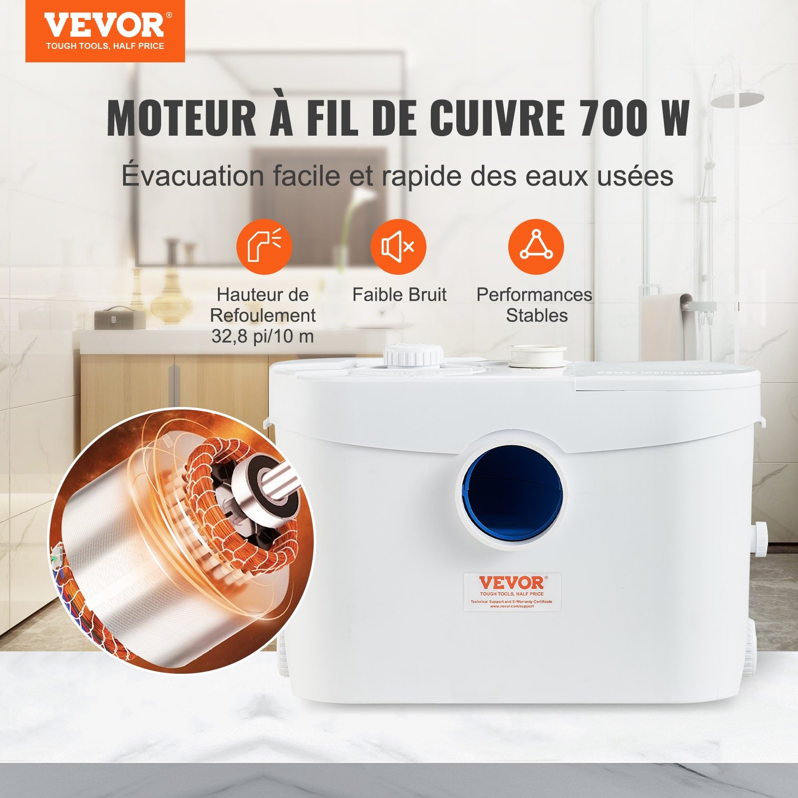 Помпа за тоалетна под нивото на канализацията VEVOR FLO700, Мощност 700W, Дебит 9600 л/ч, Подходяща за тоалетна, душ, мивка, пералня и кухненска мивка - Image 2