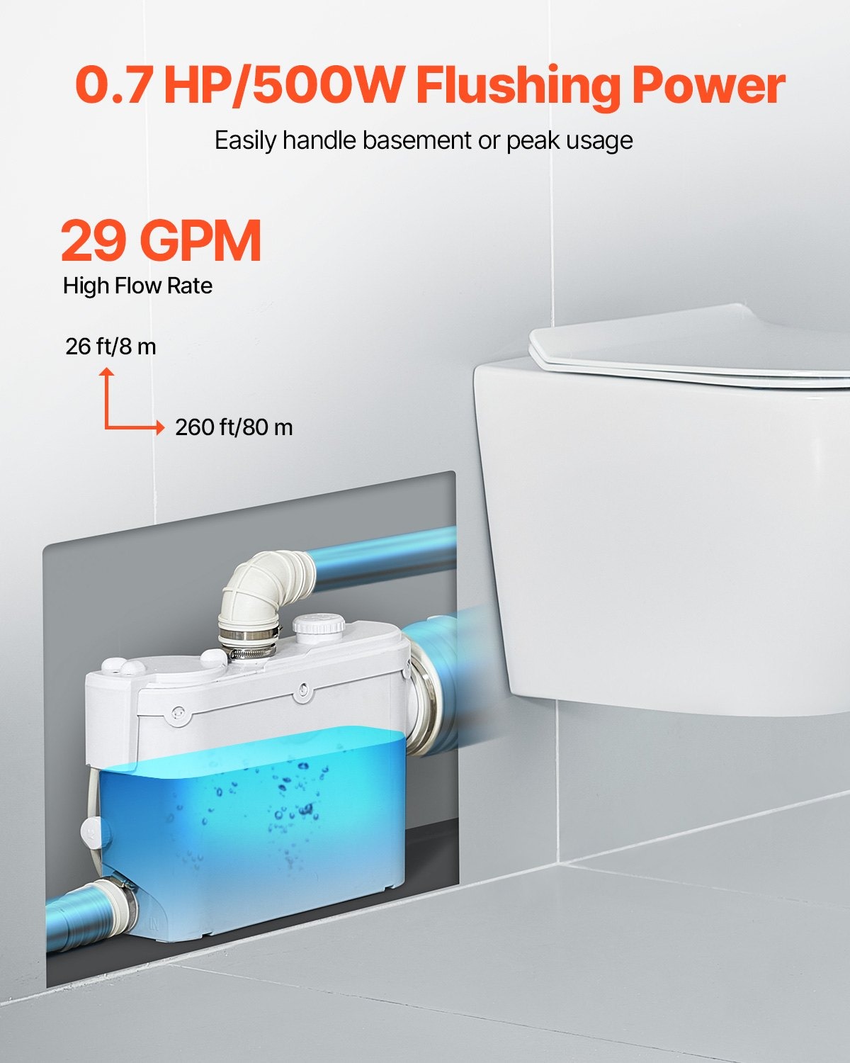 Помпа за отпадни води с режещ нож VEVOR FLO500R, Мощност 500W, Дебит 6600 л/ч, Подходяща за тоалетна, душ, мивка, кухненска мивка и вана - Image 2