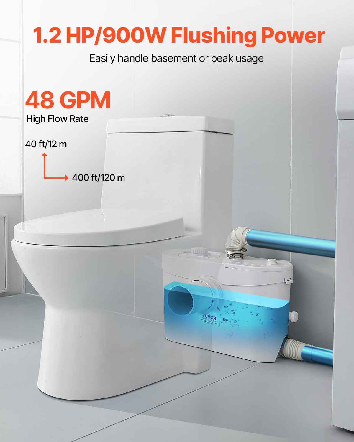 Помпа за отпадни води с режещ нож VEVOR FLO900, Мощност 900W, Дебит 180 л/мин, Височина на изпомпване до 12 м, Подходяща за тоалетна, мивка, душ, пералня - Image 4