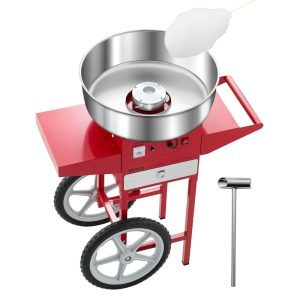 Червена машина за захарен памук VEVOR 1000W с количка, голяма купа от неръждаема стомана и колела за лесно преместване