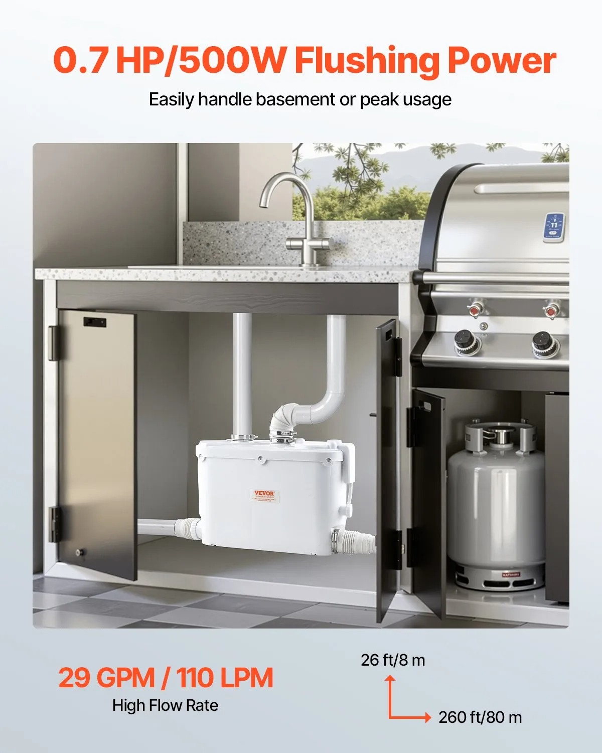 Помпа за отпадни води VEVOR FLO500-DE Pro, Мощност 500W, Дебит 110 л/мин, За отвеждане на отпадните води от тоалетна, душ, мивка, вана или пералня - Image 2