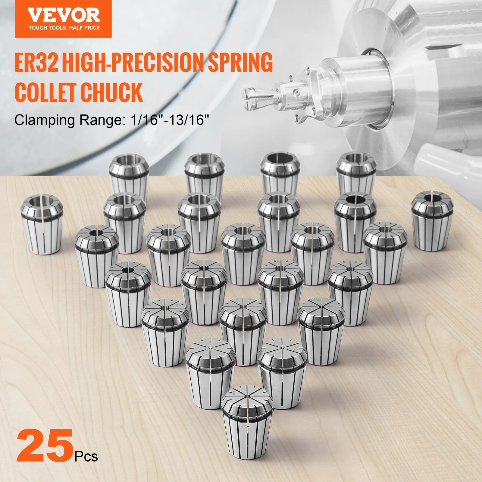 Комплект Цанги 25 броя Vevor ERJTER3225, ER32, Диаметър на захващане 1.5 мм до 20.6 мм, Точност 15 μm, Подходящи за CNC машини, Фрези и Стругове - Image 2