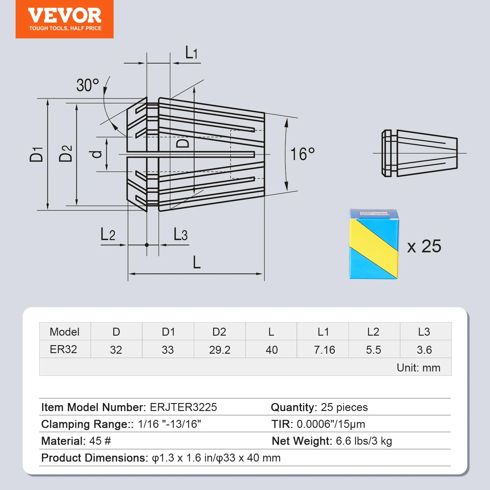 Комплект Цанги 25 броя Vevor ERJTER3225, ER32, Диаметър на захващане 1.5 мм до 20.6 мм, Точност 15 μm, Подходящи за CNC машини, Фрези и Стругове - Image 8