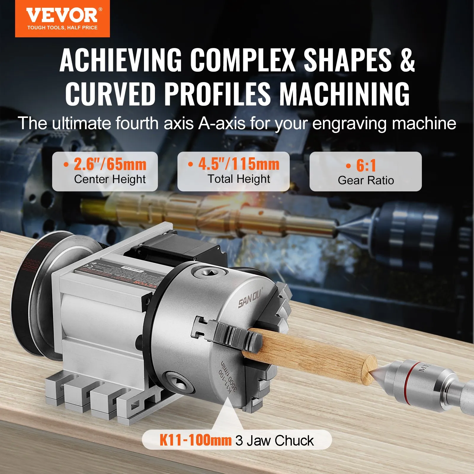 Делителна глава Vevor BS4-KP100-57, CNC 4-та ос, K11-100 мм патронник, Предавателно число 6:1, MT2 контрапункт - Image 2