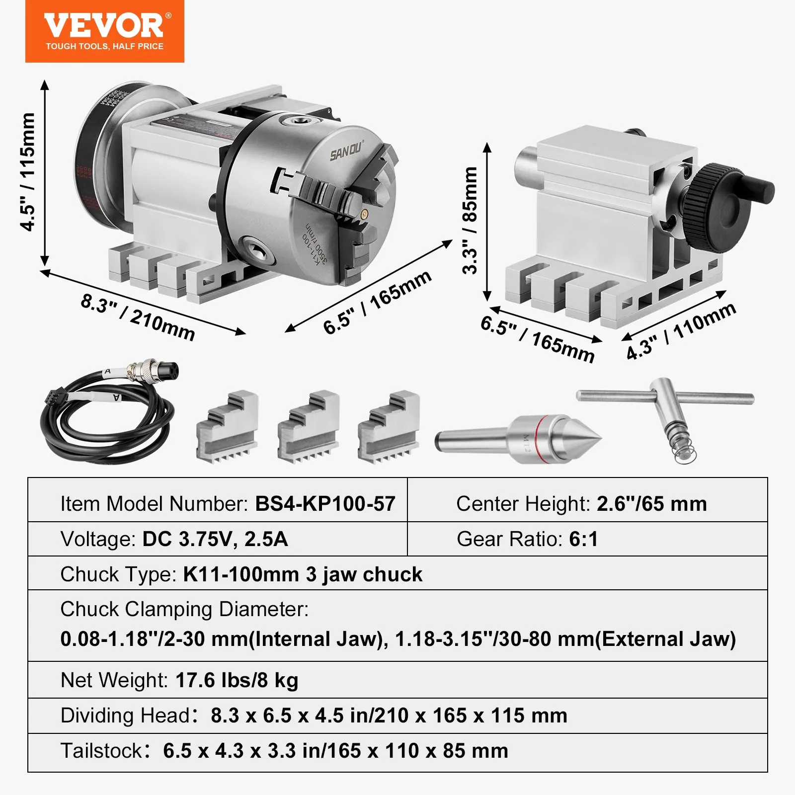 Делителна глава Vevor BS4-KP100-57, CNC 4-та ос, K11-100 мм патронник, Предавателно число 6:1, MT2 контрапункт - Image 7