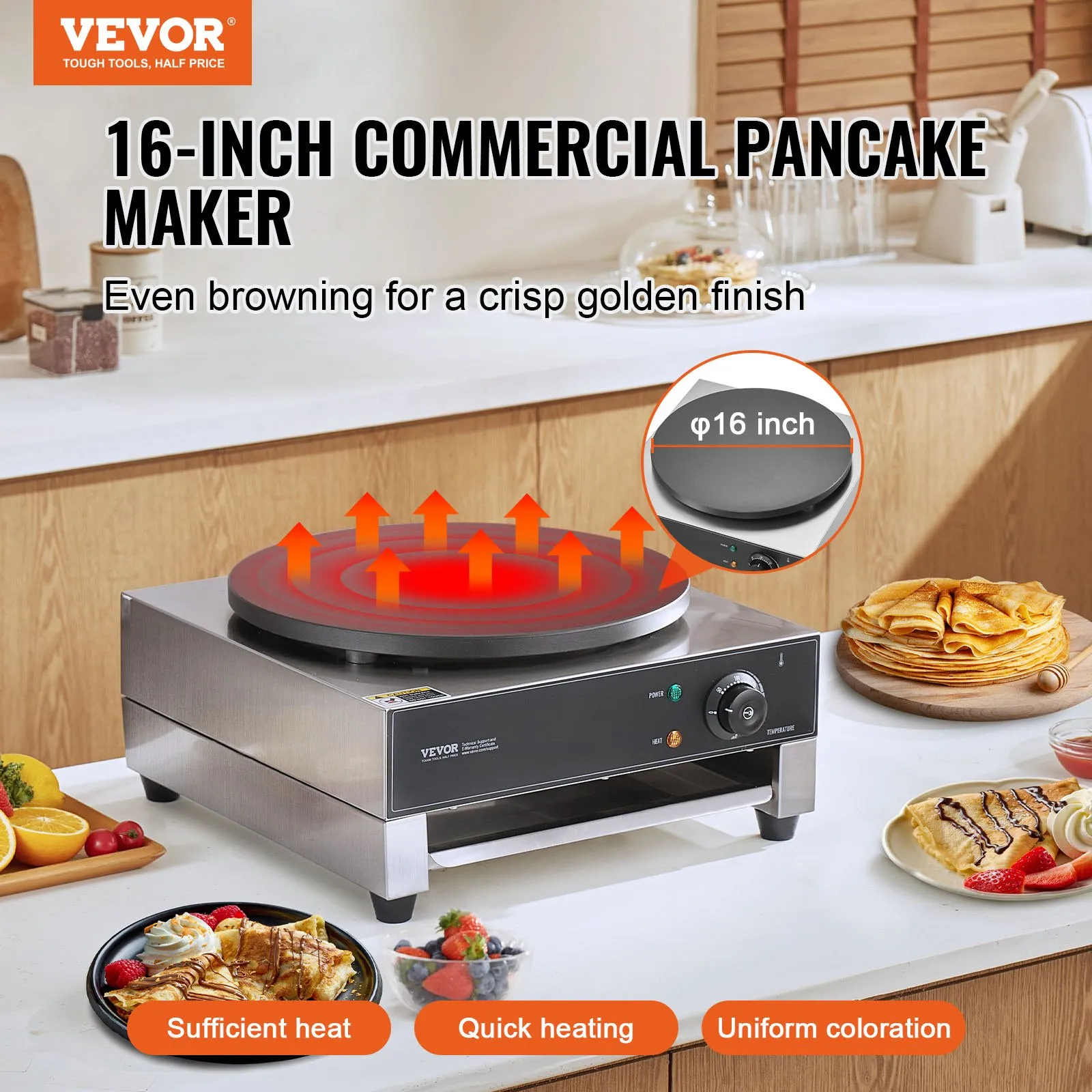 Котлон за палачинки Vevor HT-1E, Мощност 3000 W, Плоча 40 см, Регулируема температура - Image 2